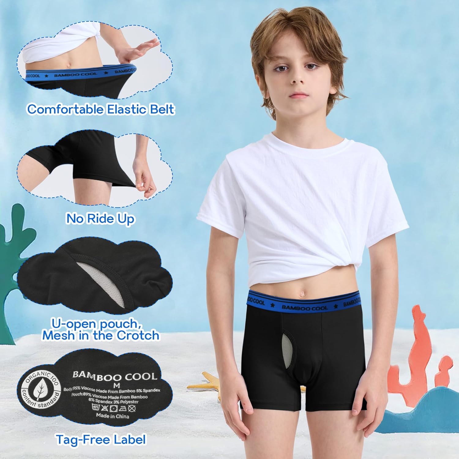 BAMBOO COOL Boy's Underwear Boxer Briefs for Boy Breathable Mesh Fly Zone Moisture-Wicking 6 Pack - Image 3