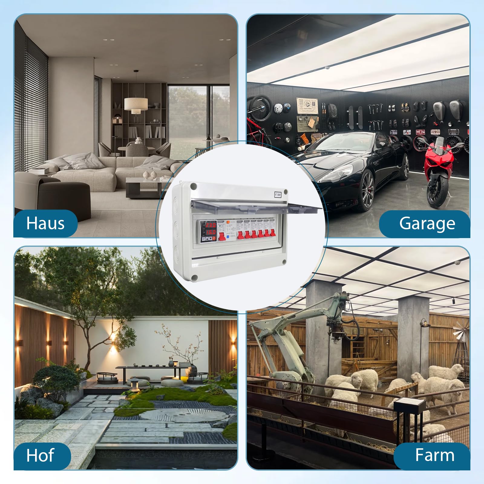 Quadro elettrico a parete, con interruttore differenziale e protezione contro sovratensioni, 2x32A, 2x16A, 2x6A interruttori AC, IP65 distributore di corrente per officina, garage, camper