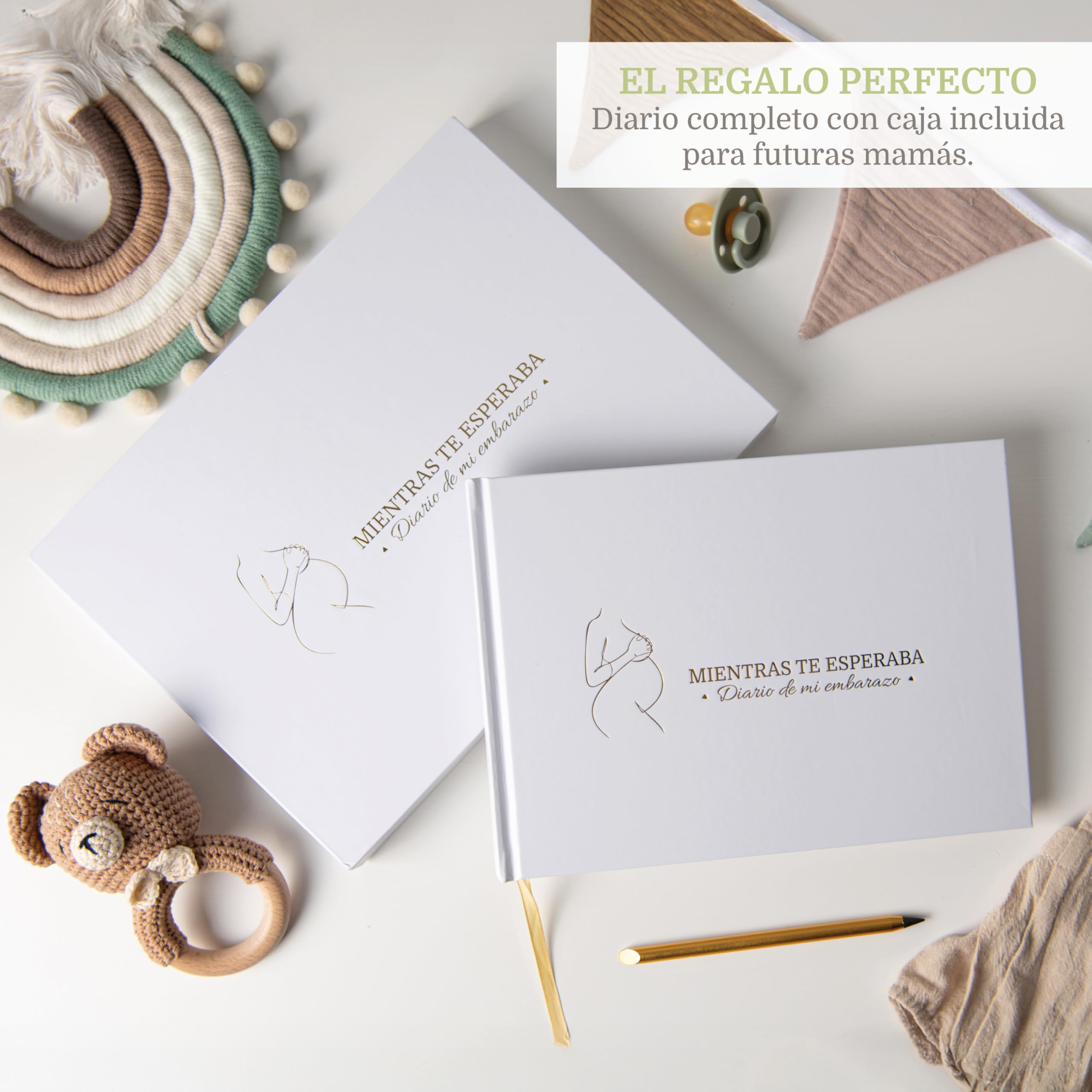 Diario Embarazo + Lápiz Metálico + Caja Regalo con Cierre Magnético | Album Embarazo | Libro Embarazo | Agenda Embarazo | Regalos Embarazadas Originales. (Español)