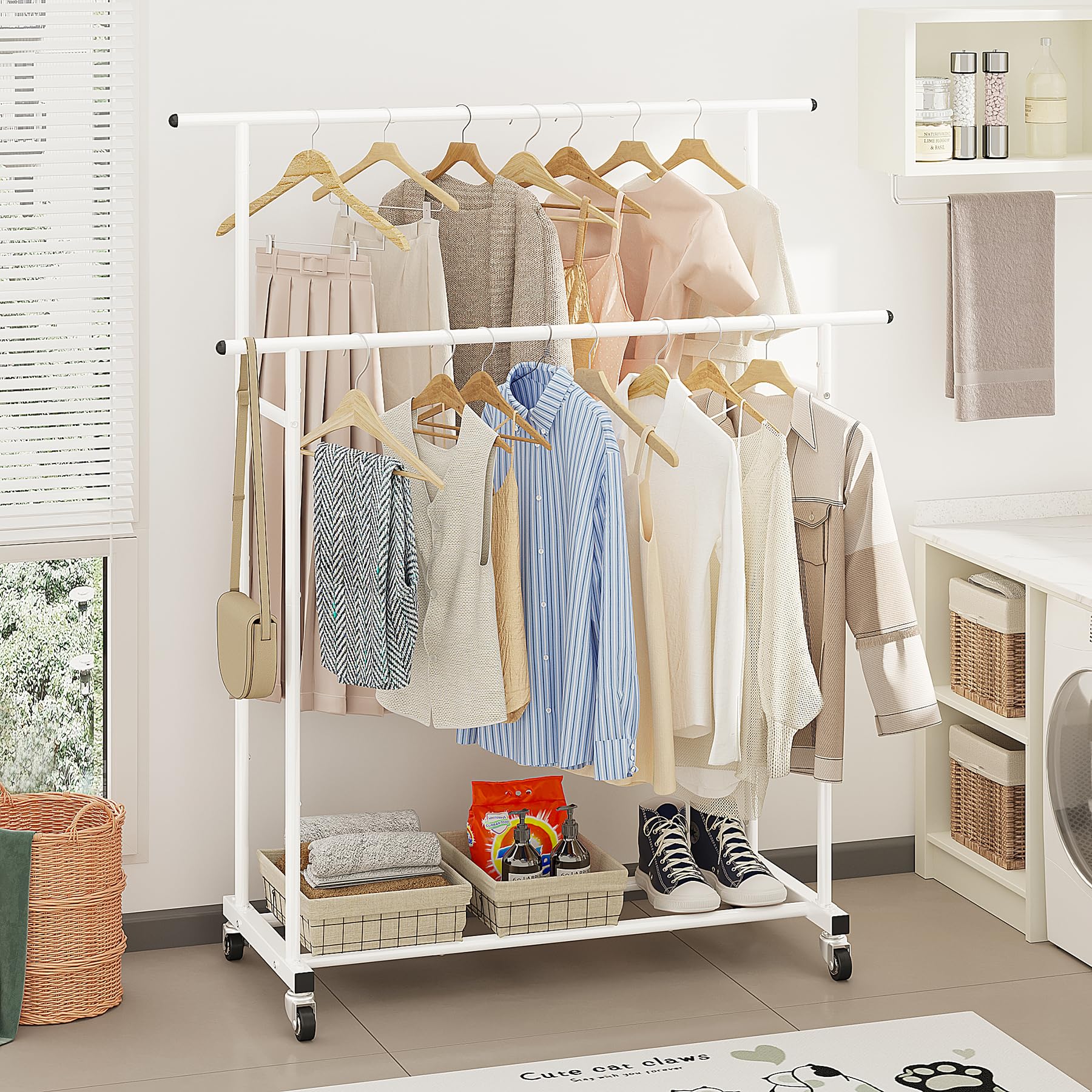 Calmootey Appendiabiti a doppia asta, appendiabiti portatile per camera da letto, soggiorno, negozio di abbigliamento, bianco
