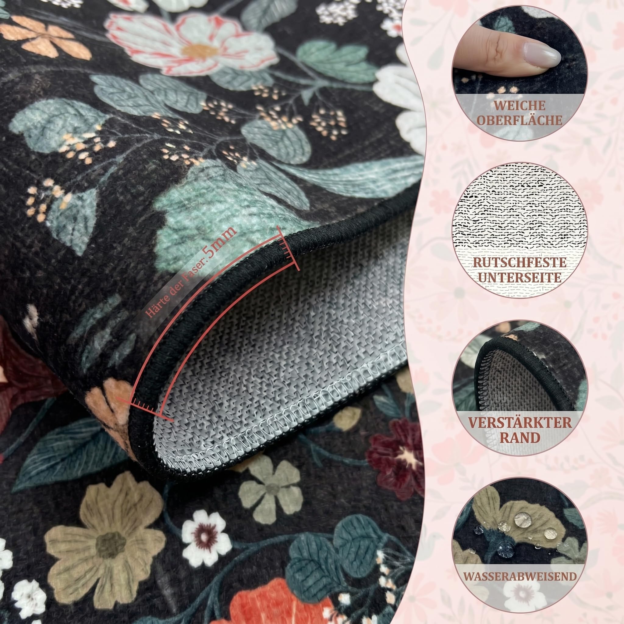Teppich Schwarzer Wohnzimmer Waschbar 140x200 Boho Floral Kurzflor Teppich mit Weißen Roten Blumen Rutschfest & Weich Indoorteppich Extra DüNn Groß Teppiche für Haushalte mit Kindern & Haustieren