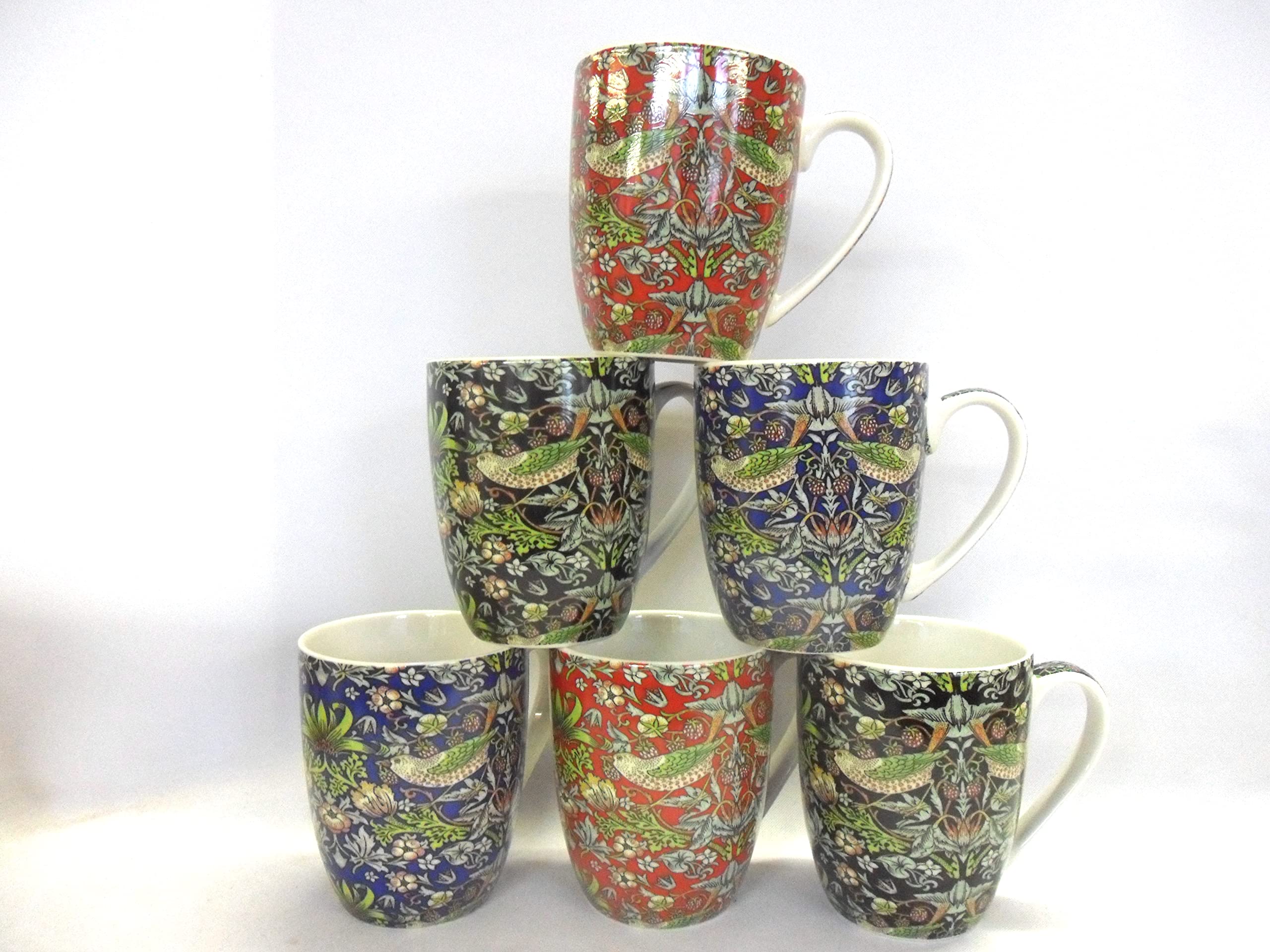 Heron Cross Pottery "Abbeydale Collection" Assorted Set Of 6 China Aspen Mugs In William Morris Strawberry Thief Design