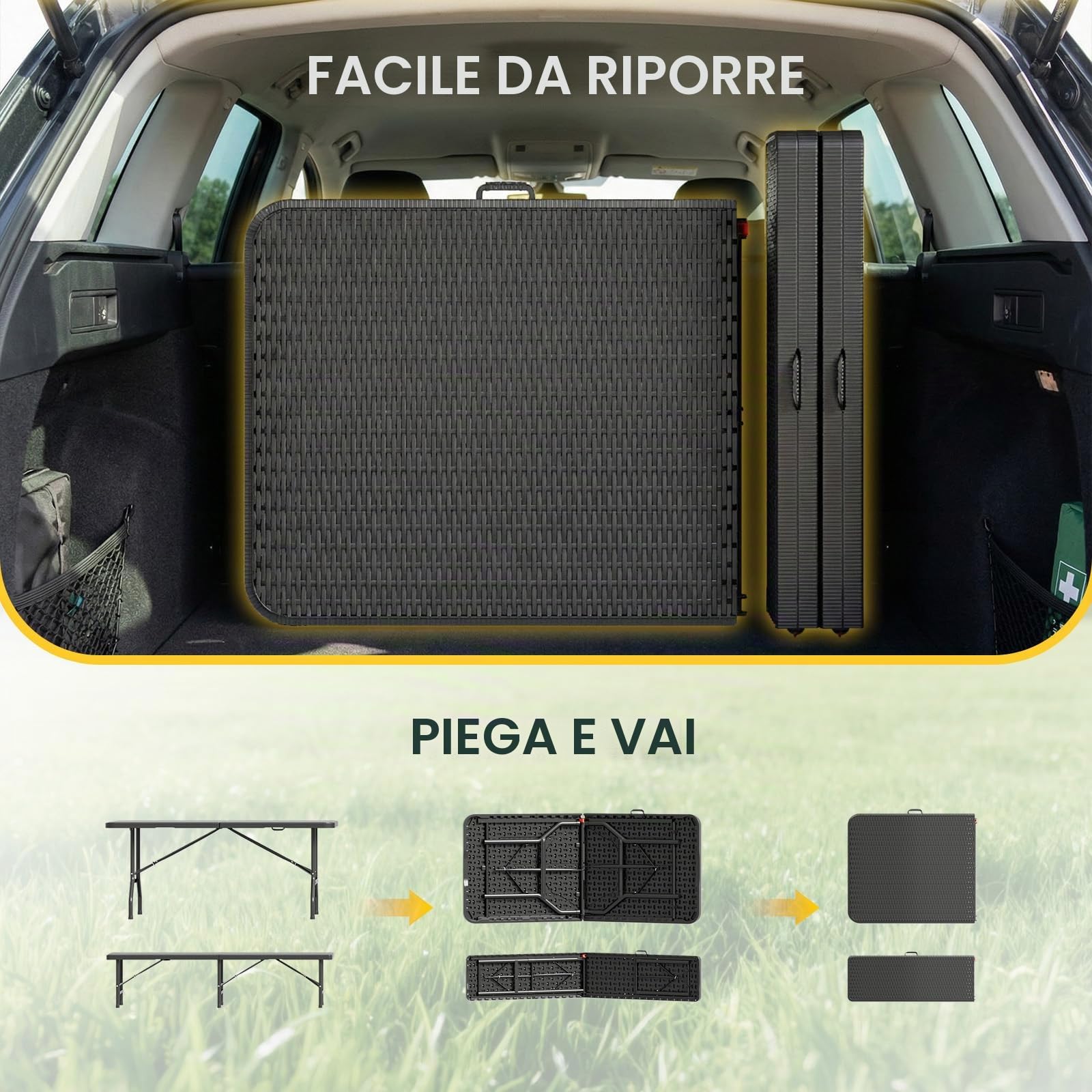 JUMMICO Set da Esterno 3 Pezzi Tavolo Giardino Pieghevole Effetto Rattan HDPE 300kg per Campeggio BBQ