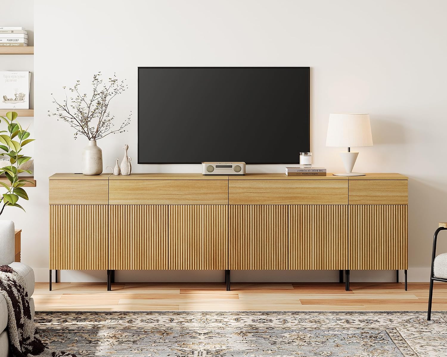 WAMPAT Fluted TV Stand with Storage for 100+ Inch TV,Modern 4 in 1 Entertainment Center with Storage Cabinets,94.5" W Wood Large Media TV Console Cabinet with 4 Drawers & 6 Doors for Living Room,Oak