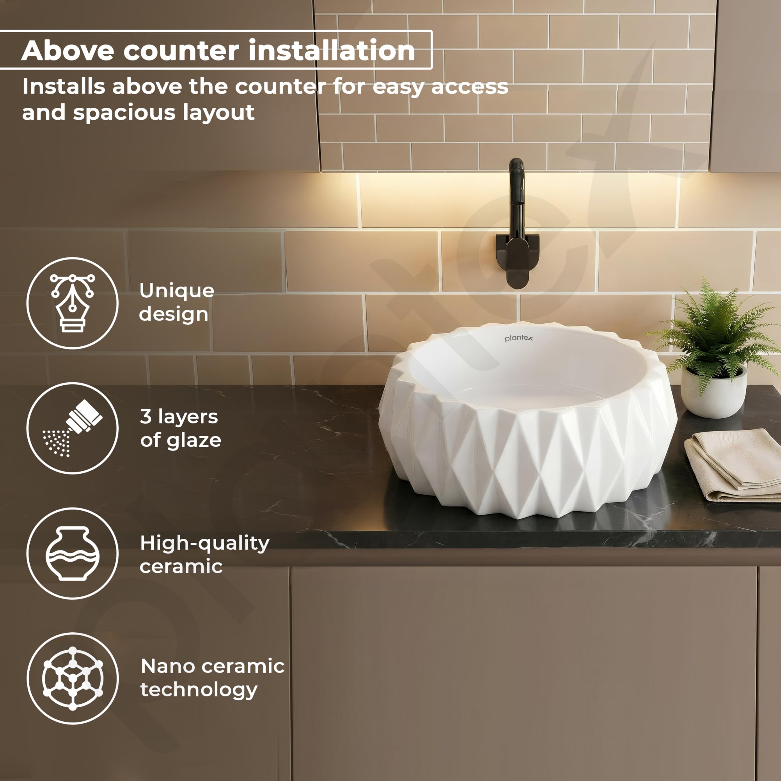 Plantex Ceramic Tabletop Round Washbasin for Bathroom/Countertop Bathroom Sink/Bathroom Wash Basin with 10 Years Glaze Warranty by Plantex (White - 15 x 15 x 6 Inch)
