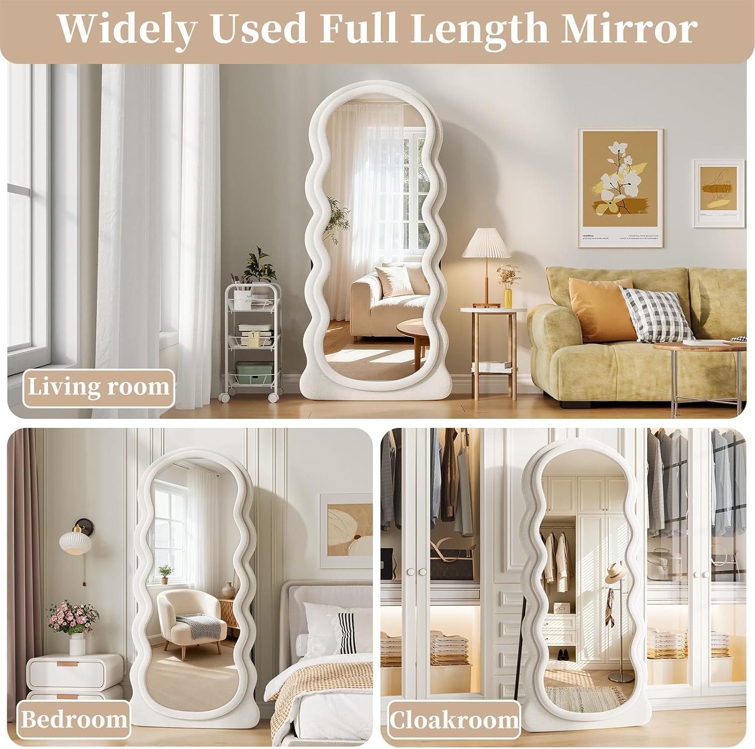 Wavy Full Length Mirror, 63"x24" Flannel Floor Mirror, Full Body Mirror with Stand, Large Mirrors Hanging or Leaning Against Wall for Bedroom Living Room, White