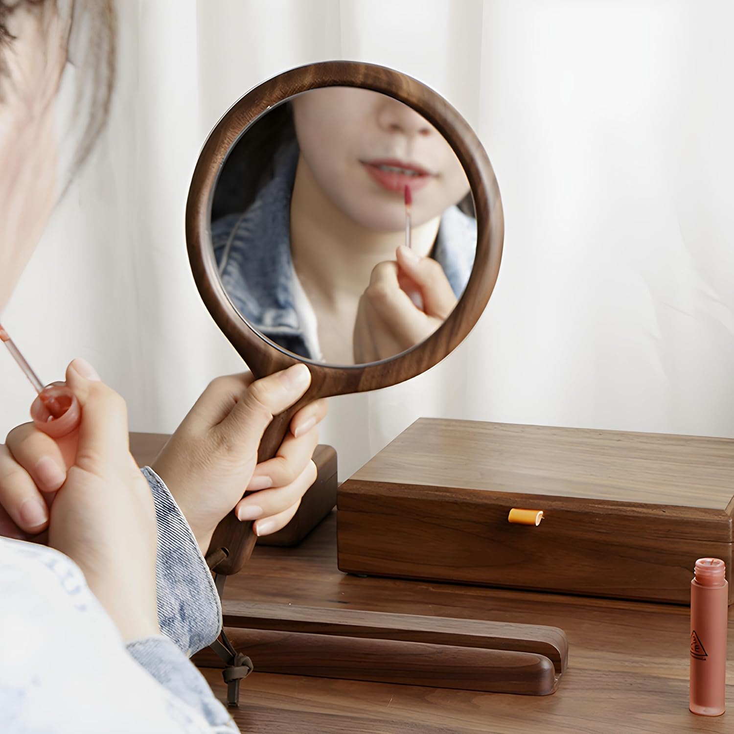 GMZ&KEHC Handheld Mirror with Base, Wood Barber Hairdressing Handheld Mirror, Makeup Hand Vintage Mirror, Portable Compact Vanity Hanging Mirrors for Salon,Brown