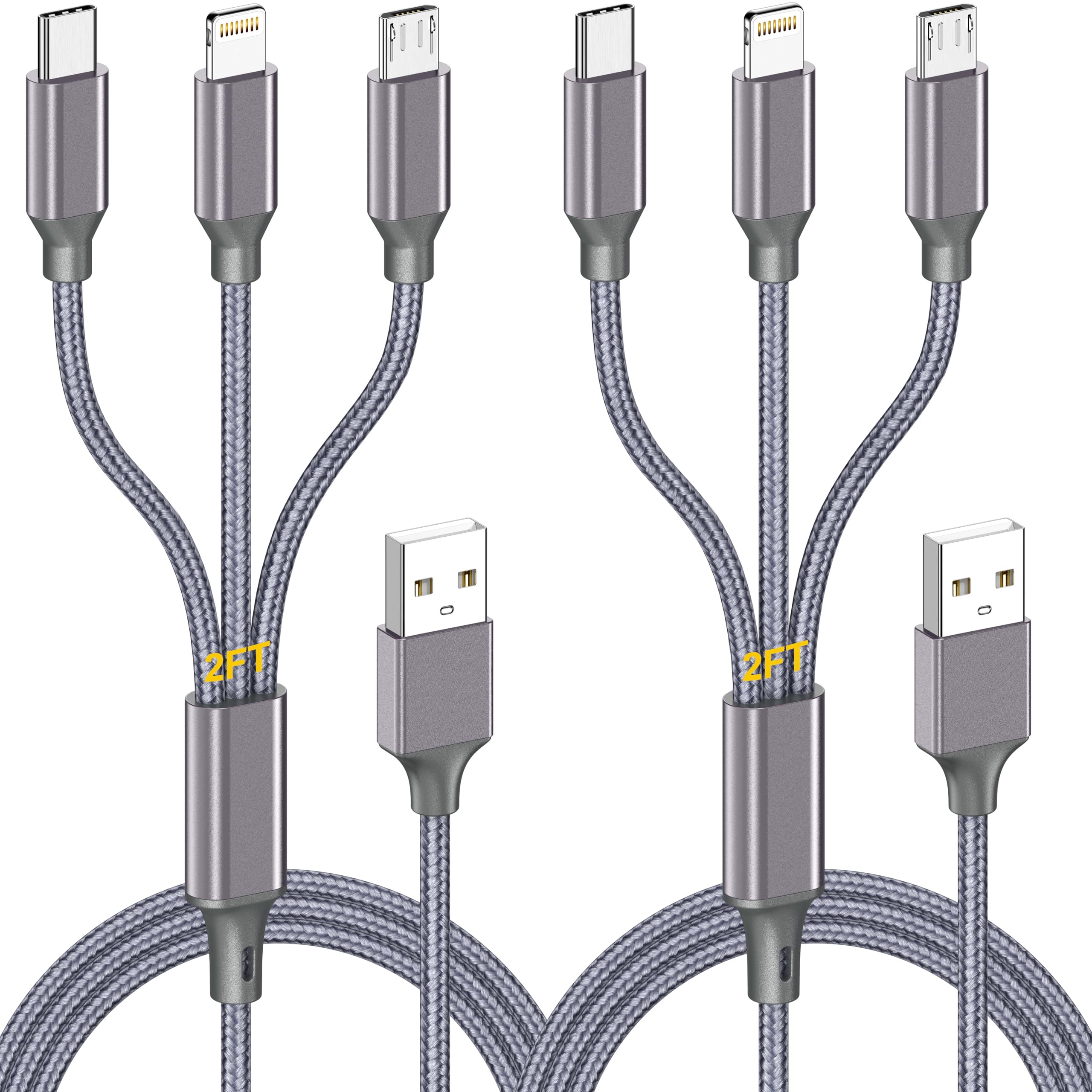Multi Charging Cable 2ft 2Pack 3 in 1 USB Charging Cable for Multiple Devices Braided Universal Phone Charger