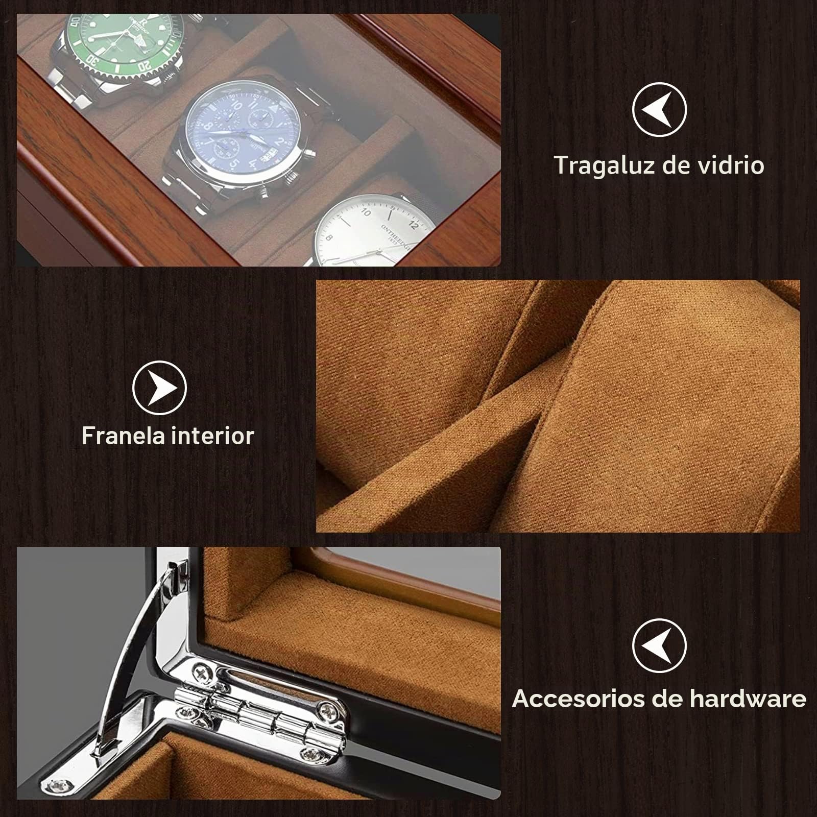 Caja de Relojes con 5 Compartimentos, Madera Estuche Relojes Hombre | Organizadora de Reloj con Tapa de Cristal y Cerradura, Cojín Extraíble, Porta Relojes Idea de Regalo Hombres/Niñas/Festival