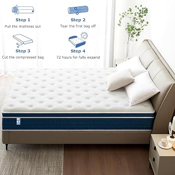 SEZMOONSI King Size Mattress 10.6 Inch, 5FT Medium Firm Memory Foam Mattress Kingsize, Hybrid Individually Pocket Sprung, King Bed Mattresses for Back Pain Relief,150x200x27cm