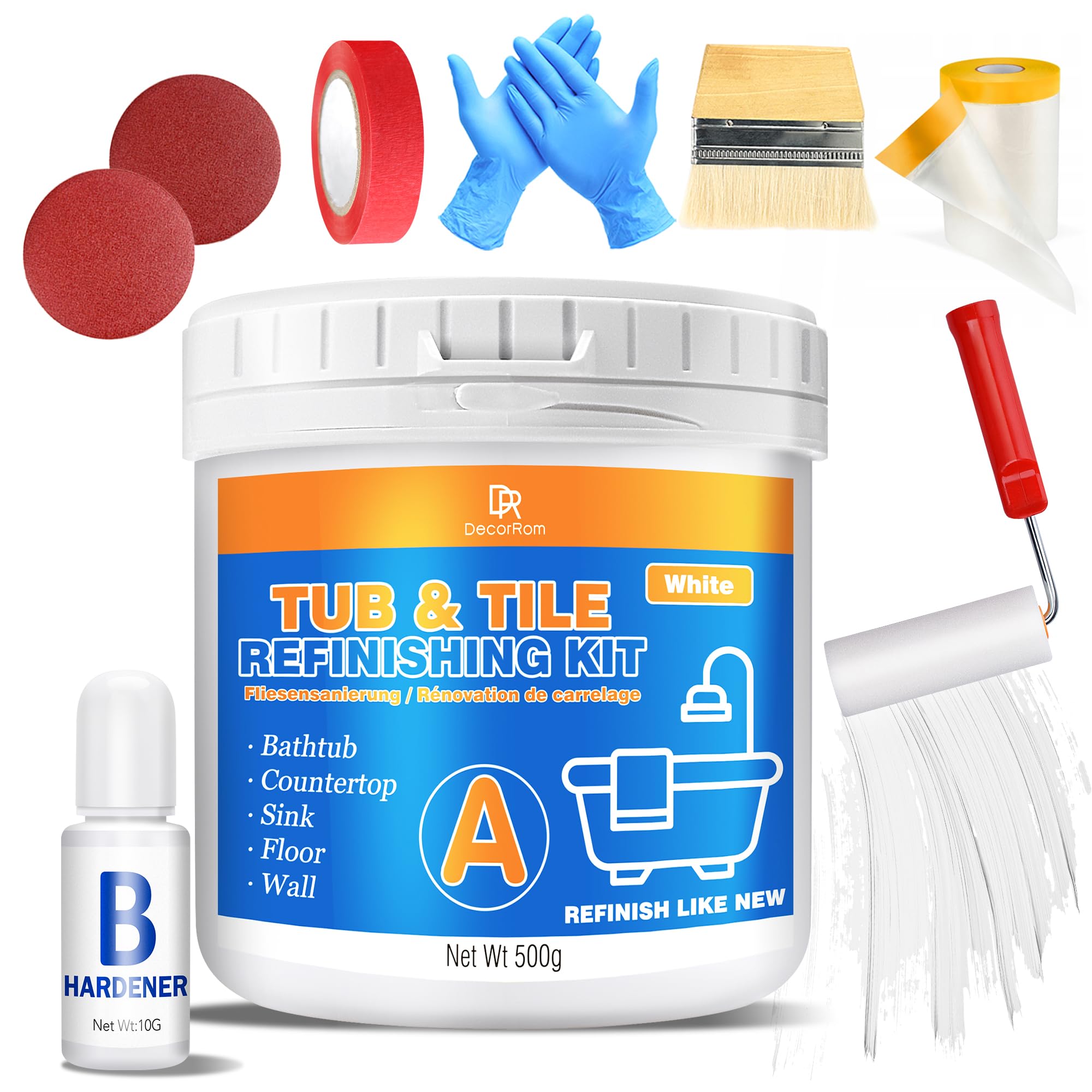 Tub and Tile Refinishing Kit, 500g Tile Paint Bathtub Paint White for DIY Bathroom Resurfacing, Ceramic / Porcelain Tiles, Glass, Marble Sinks Water Based Waterproof, Scratch Resistant with Tools