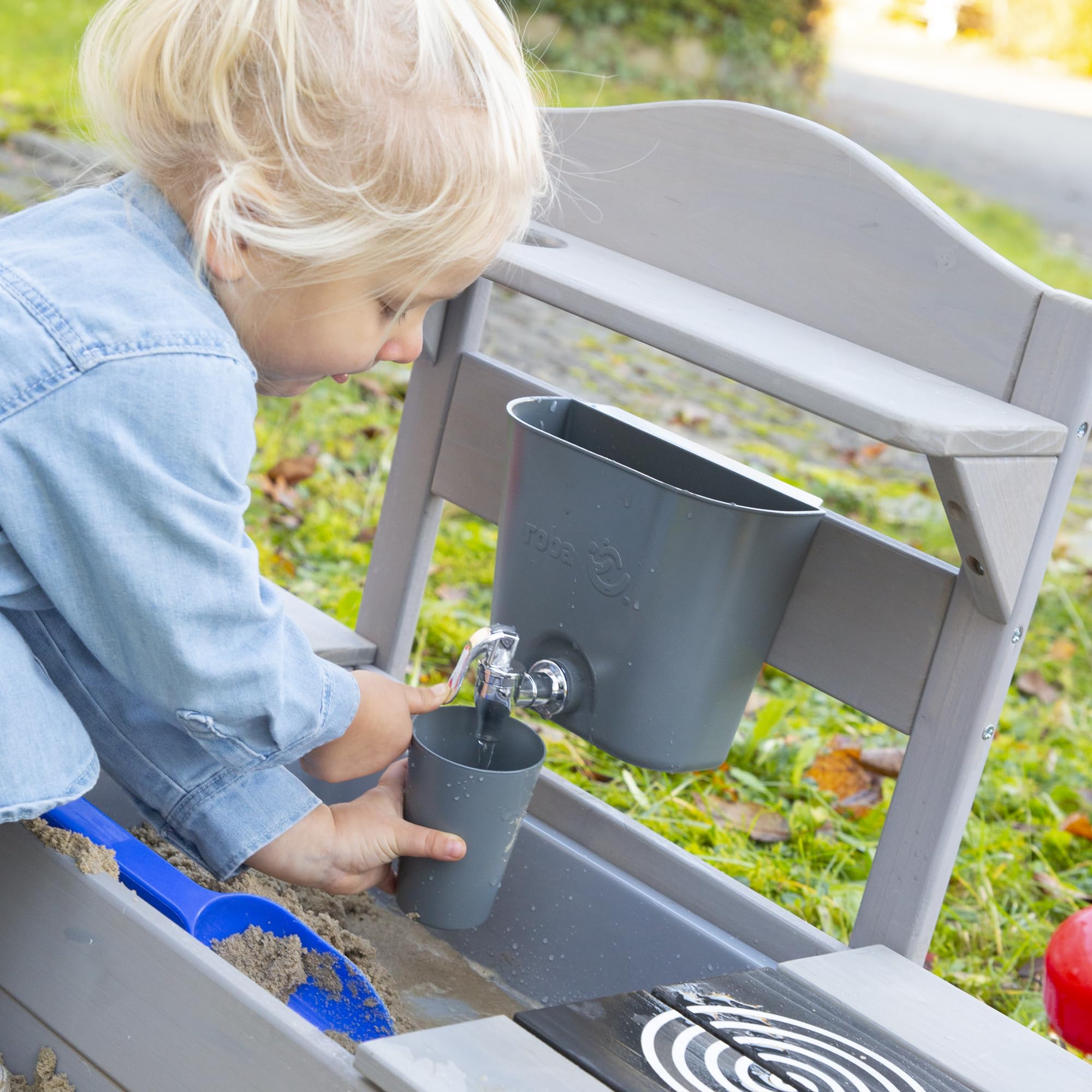 roba Bac à Sable 2 en 1 & Cuisine de Jeu pour Enfants - Certifié FSC® - avec Accessoires - Cuisine Compacte pour Balcon & Jardin - Gris