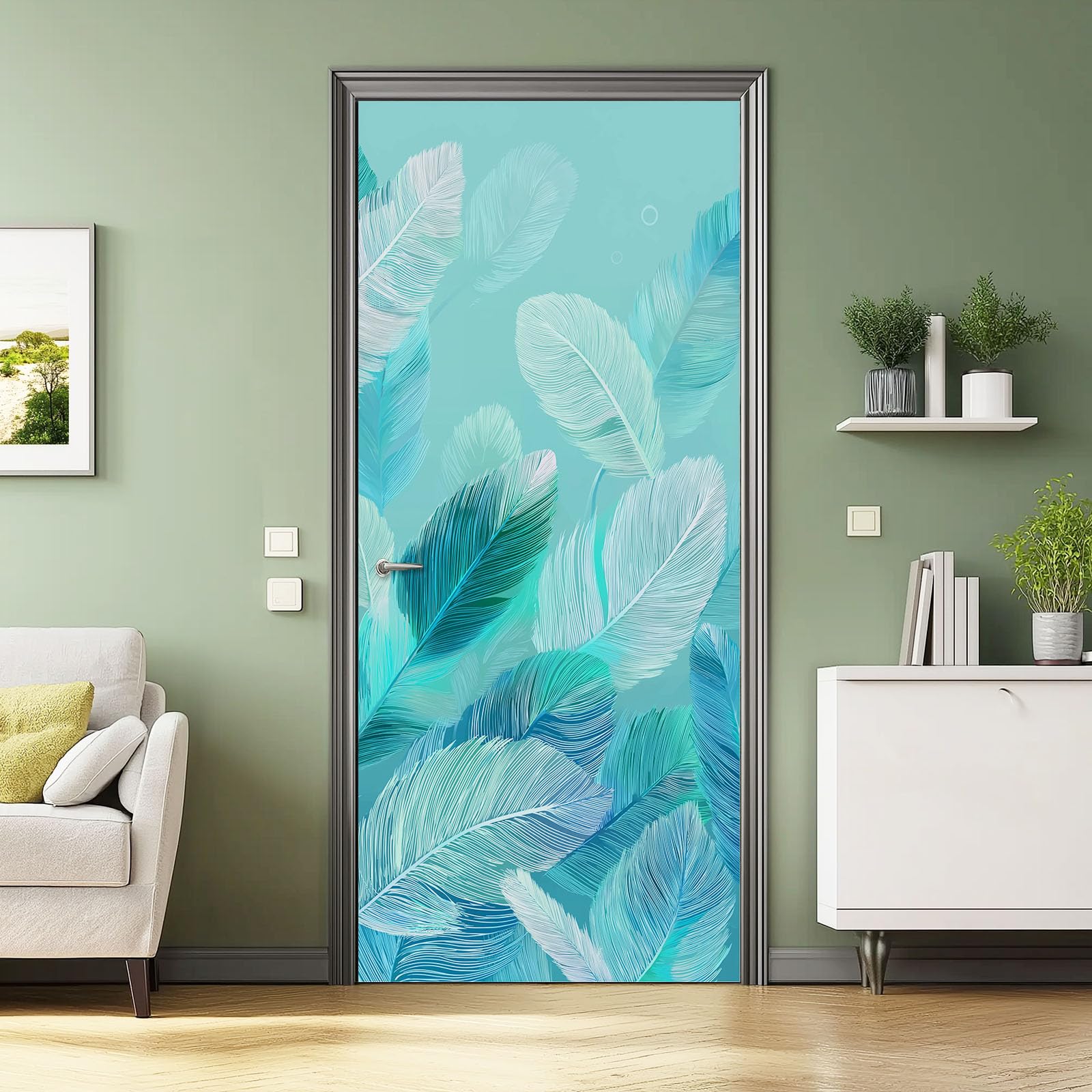 2 adesivi per porta, semplici adesivi per porta, motivo con piume blu, in PVC, impermeabili, per armadio, casa, ufficio, decorazione, carta da parati autoadesiva, 87 x 200 cm