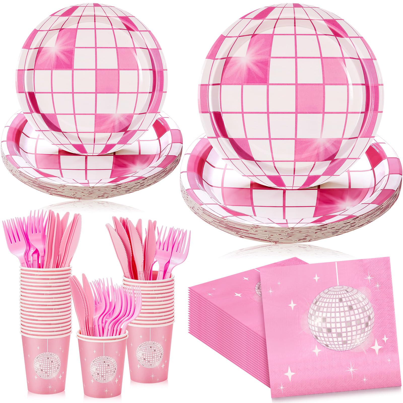 Willinglong120 Pcs Pink Disco Party Supplies Serve 24 Guests Include Disco Party Plates Disco Napkins Disco Ball Paper Cups 70s Pink Theme Party Tableware for Girls Ladies Women Birthday Baby Shower