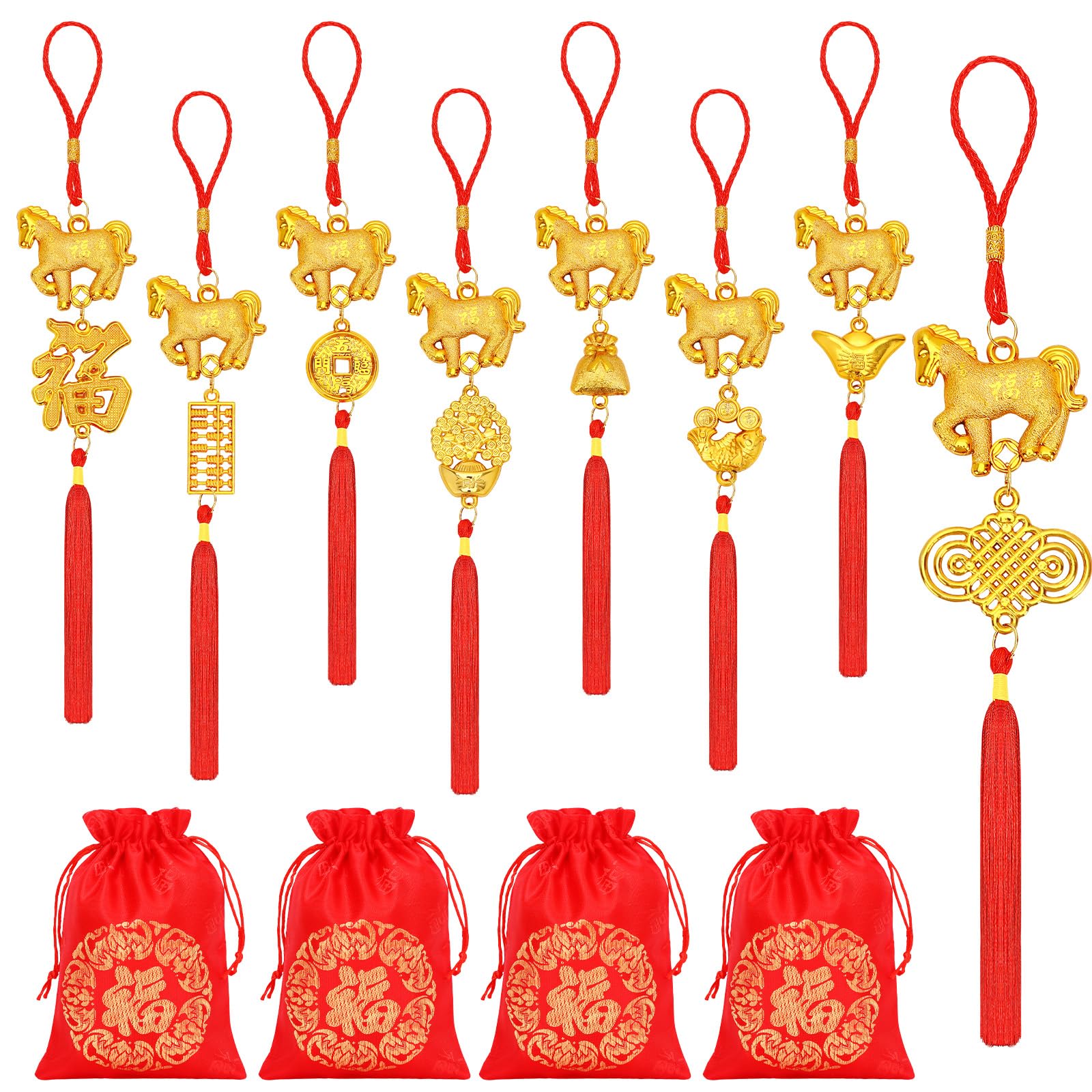 Chinese New Year Decorations,16Pcs Horse Charm Feng Shui Tassel Hanging Pendants and 4Pcs Blessing Bags 2026 Year of Lucky Ornaments for New Year Home Health Wealth Success Lucky Decor