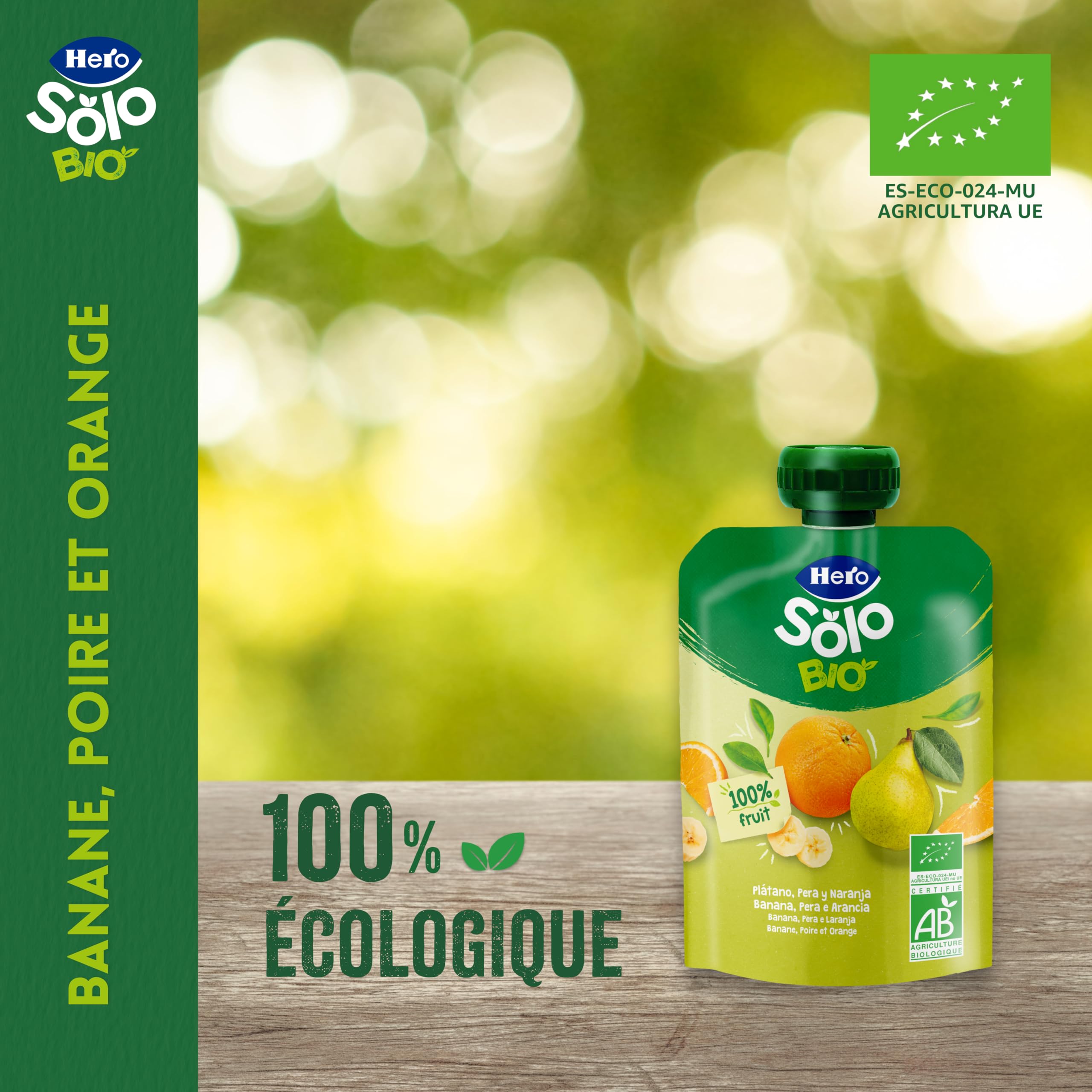 Hero Solo - Gourde Bio De Banane, Poire et Orange – Puree de Fruits BIO 100% Naturels, Compote Sans Sucre Ajouté, Sans Gluten - pour Bébés Dès 4 Mois - Lot de 18 X 100 g