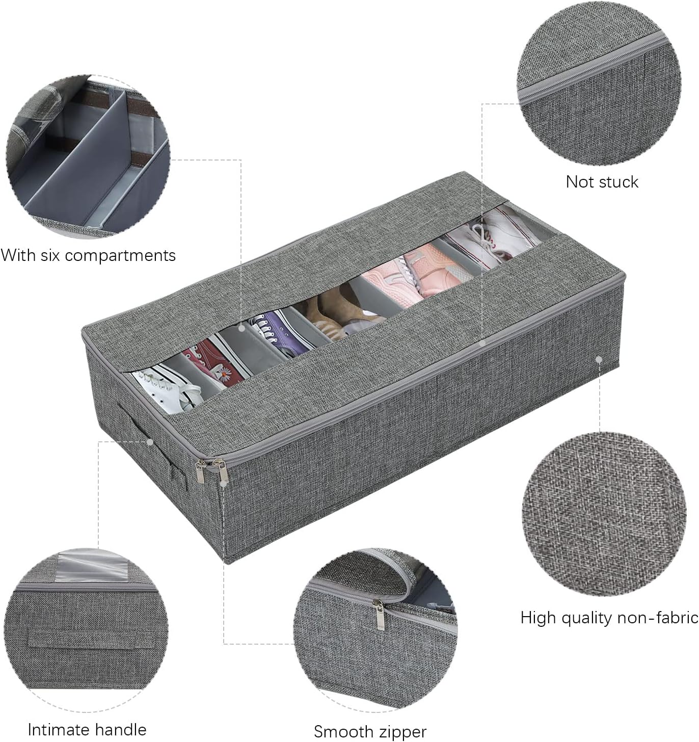 Set of 2 Under Bed Shoe Storage Organizer with 2 Handles, Foldable Fabric Shoes Container Box with Adjustable Dividers and Clear Window for Store 6 Pairs in Total