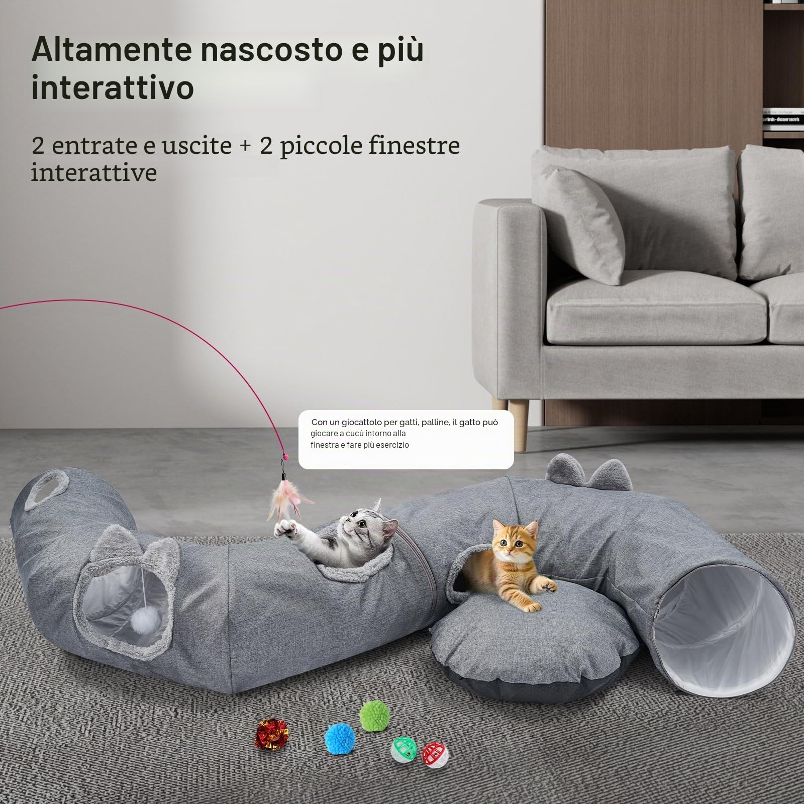 Odoland Tunnel per gatti con letto, pieghevole, grande, a forma di ciambella, in lino | Gioco interattivo per gatti, tunnel giocattolo con palla, per gatti, gattini, conigli, cuccioli