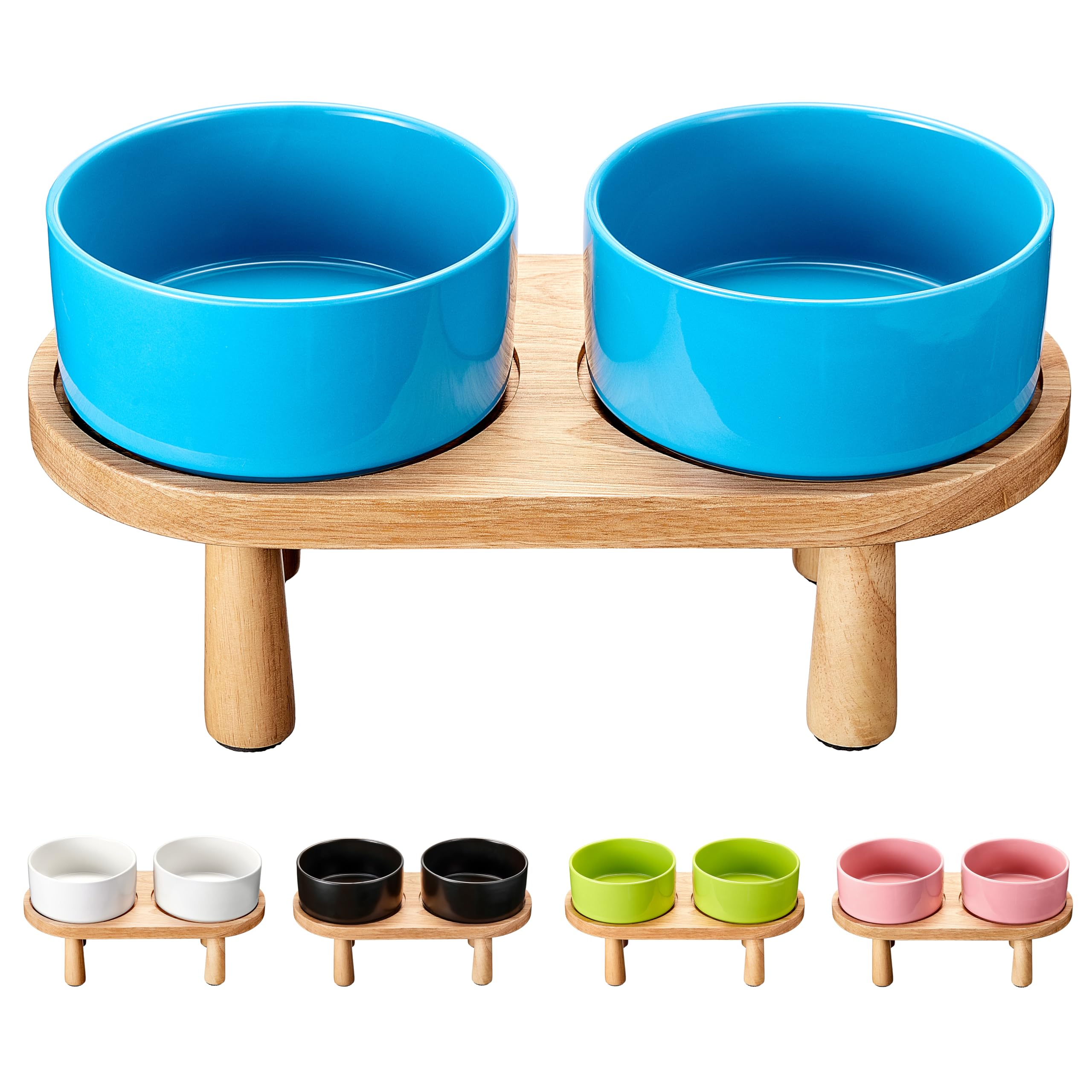 Ceramic Elevated Dog Bowls, Pet Food and Water Bowl Set for Large Dogs, 7.5 Cups Dog Bowls Raised with Wood Stand, 61OZ, Blue