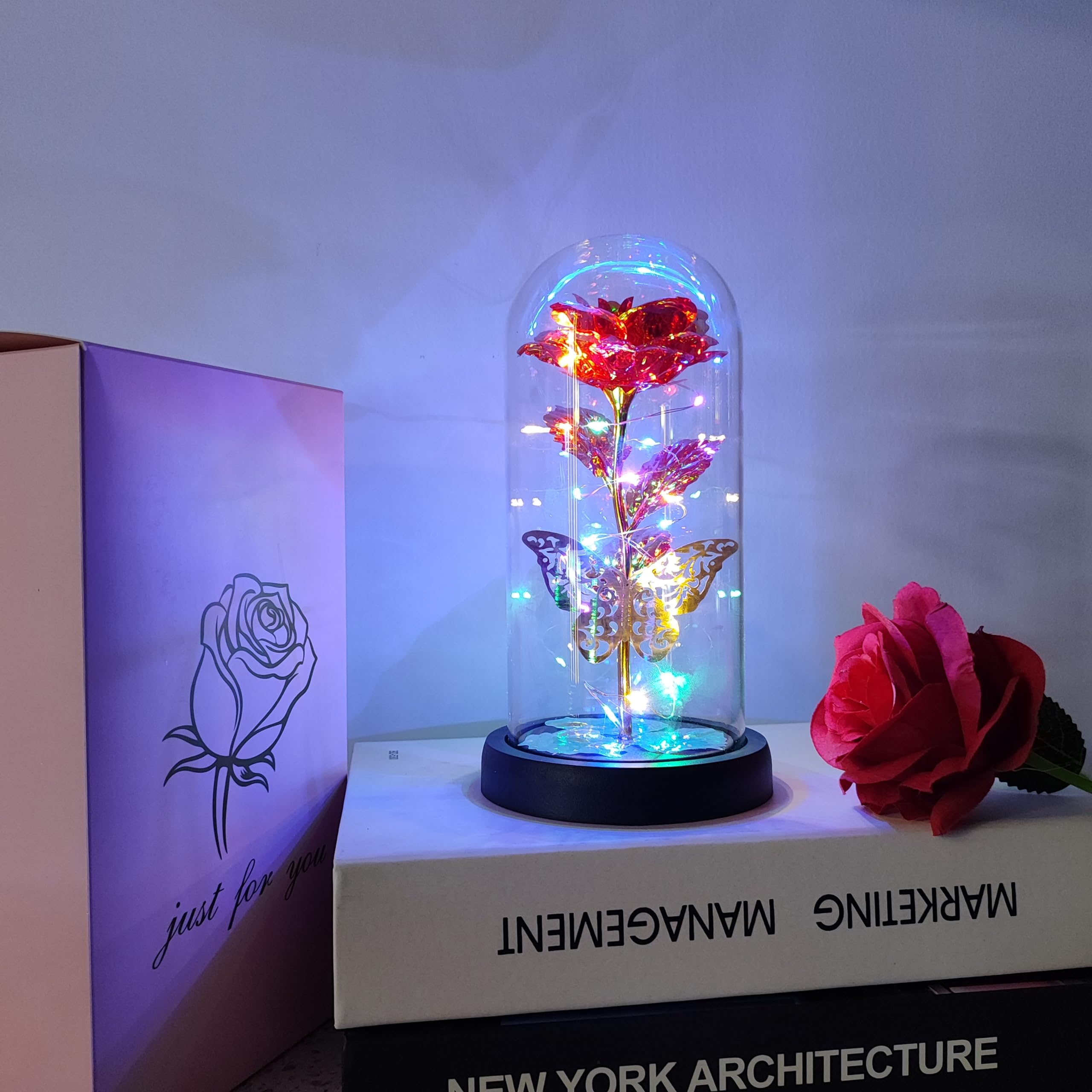 Regalo di San Valentino per lei, Galaxy Glass Rose Forever Eternal Crystal Flower Light Up Rose in cupola di vetro con farfalla regalo di compleanno di San Valentino per donne, figlia, mamma