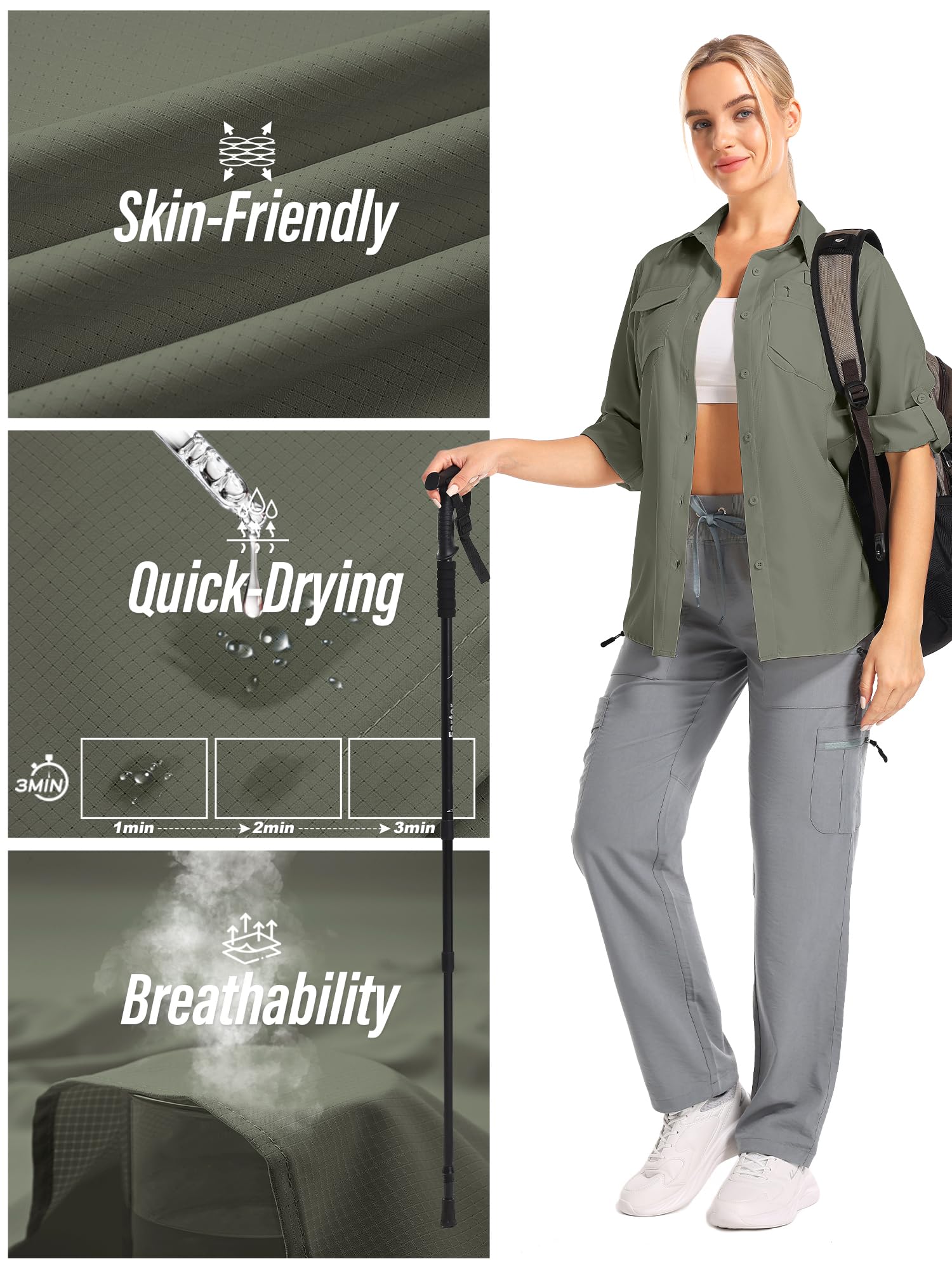 Camicia safari da donna UPF 50 con protezione solare UV ad asciugatura rapida, a maniche lunghe, per escursionismo, passeggiate, pesca, viaggi all'aperto
