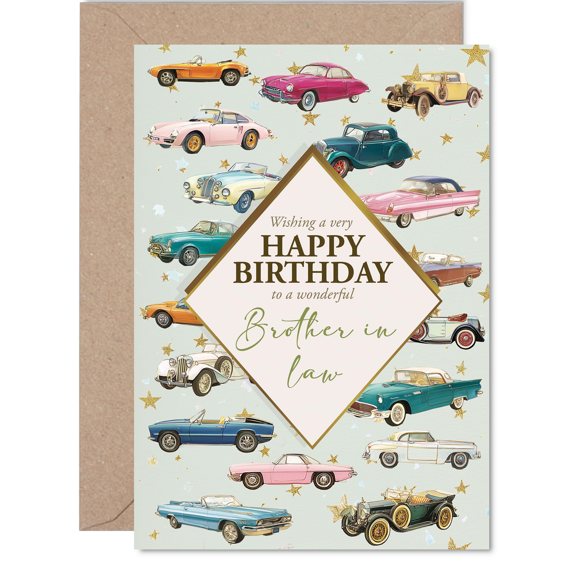 Brother in Law Birthday Card - Classic Cars - Happy Birthday Card for Brother in Law from Sister Sibling, A5 Vintage Motors Bday Greeting Cards