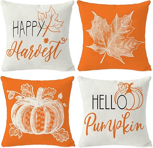 Fundas de almohada de otoño de 18 x 18 pulgadas, fundas para cojines de sala Otoño, juego de 4, funda decorativa de lino otoñal naranja y blanco