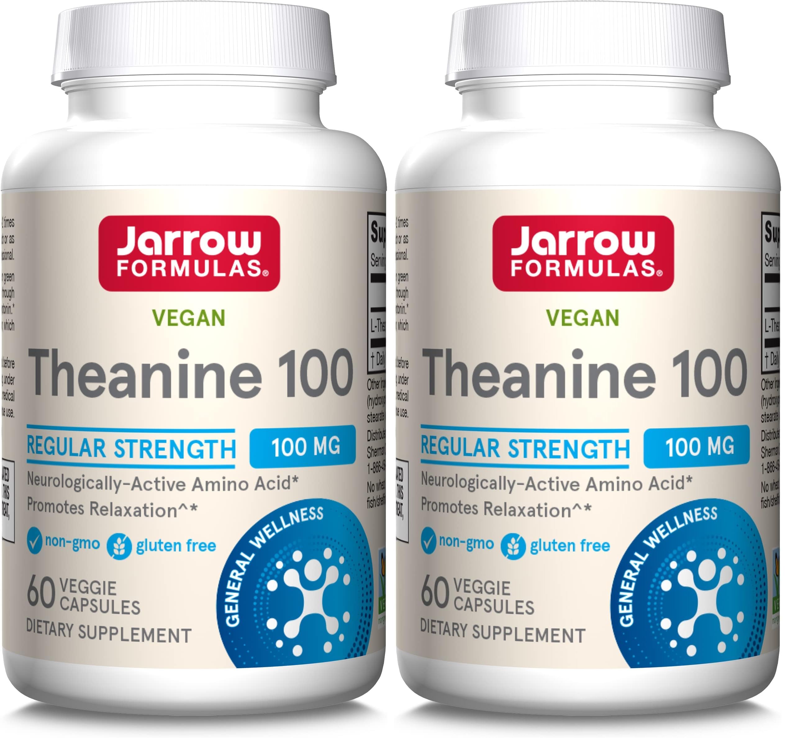 Jarrow Formulas® Regular Strength Theanine 100 mg,Dietary Supplement,60 Capsules,60 Day Supply,(Pack of 2) Unflavored 60 Count (Pack of 2)