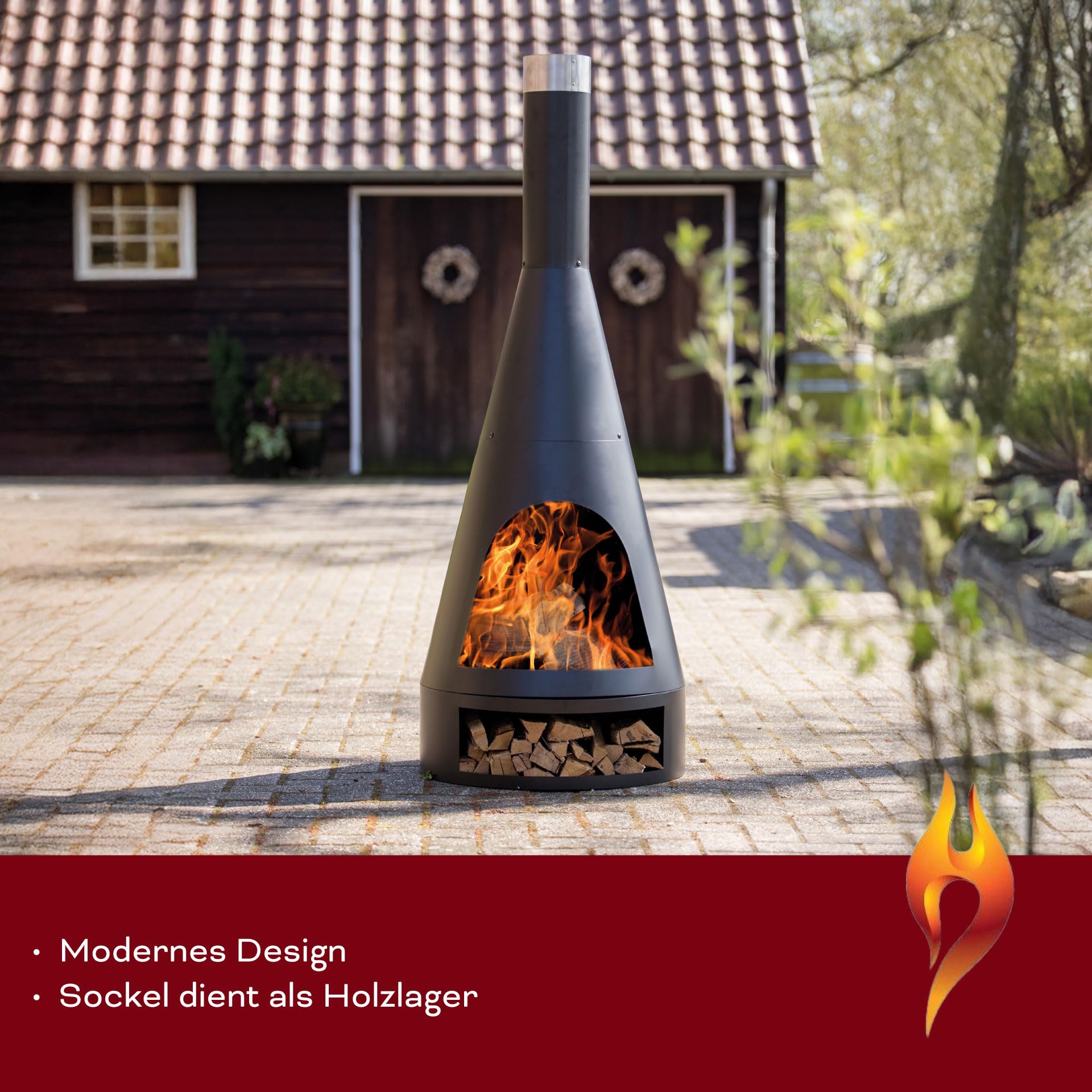 REDFIRE® Moderner Kamin für den Außenbereich 60 cm - Kingston XL mit Holzrost - Feuerschalen für den Garten - Sockel als Holzlager, Optimale Belüftung
