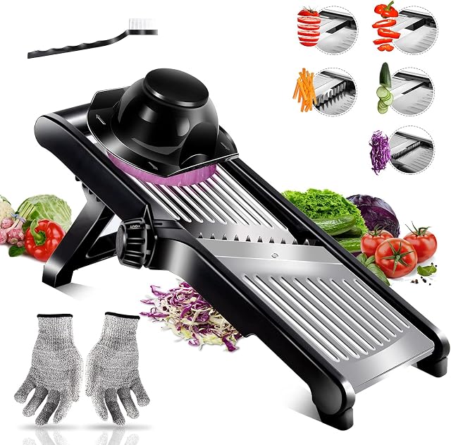 Myiosus Mandoline Vegetable Slicer, 3 in 1 Stainless Steel Mandolin Slicer Adjustable Food Julienne Slicer Cutter for Potato, Onion, Fruit, Send Safety Gloves and Cleaning Brush