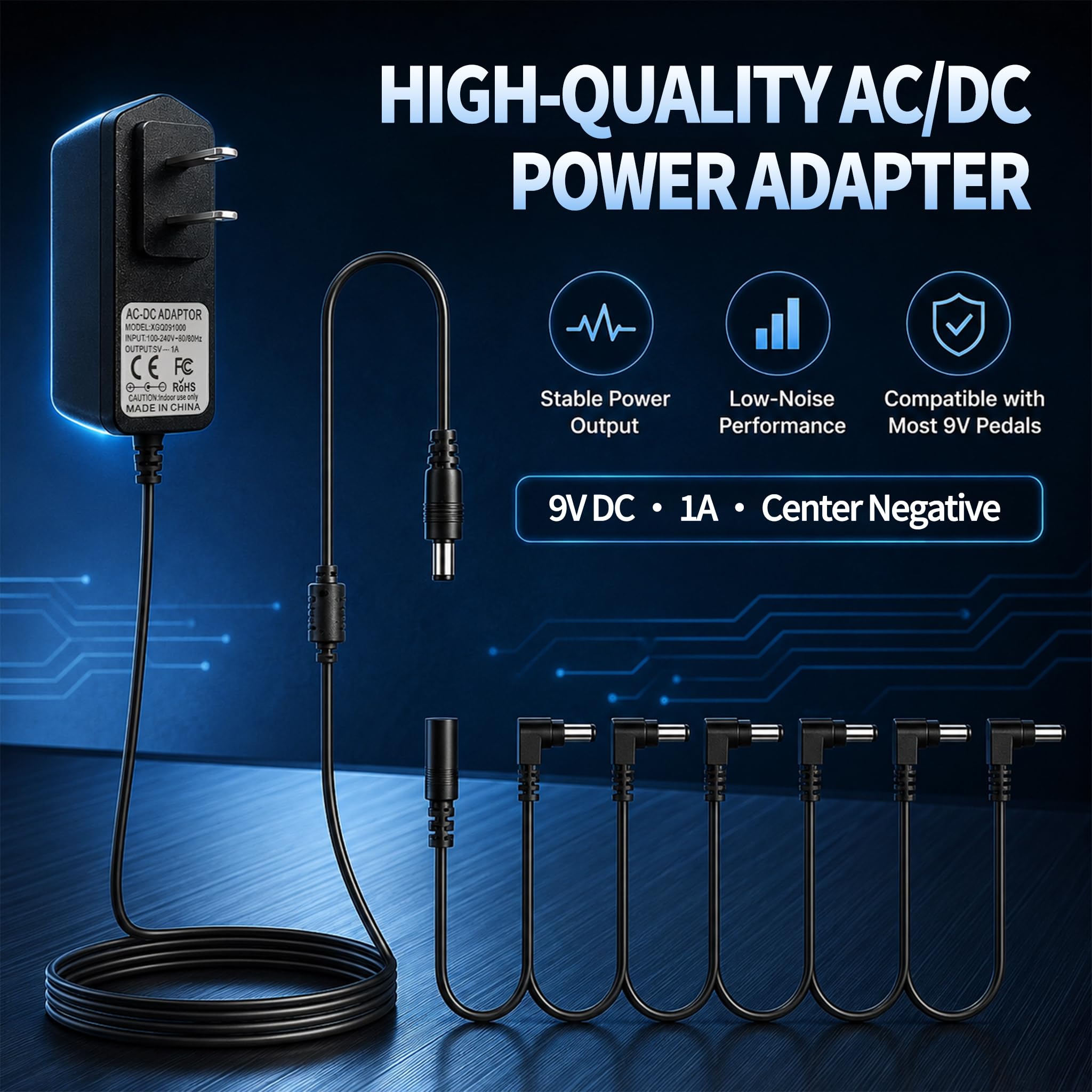 Rockhouse Cavo di alimentazione per pedale della chitarra, 9 V CC, 1 A, negativo, adattatore da 9 V, con cavi Daisy Chain a 6 vie, per pedali effetto chitarra BOSS