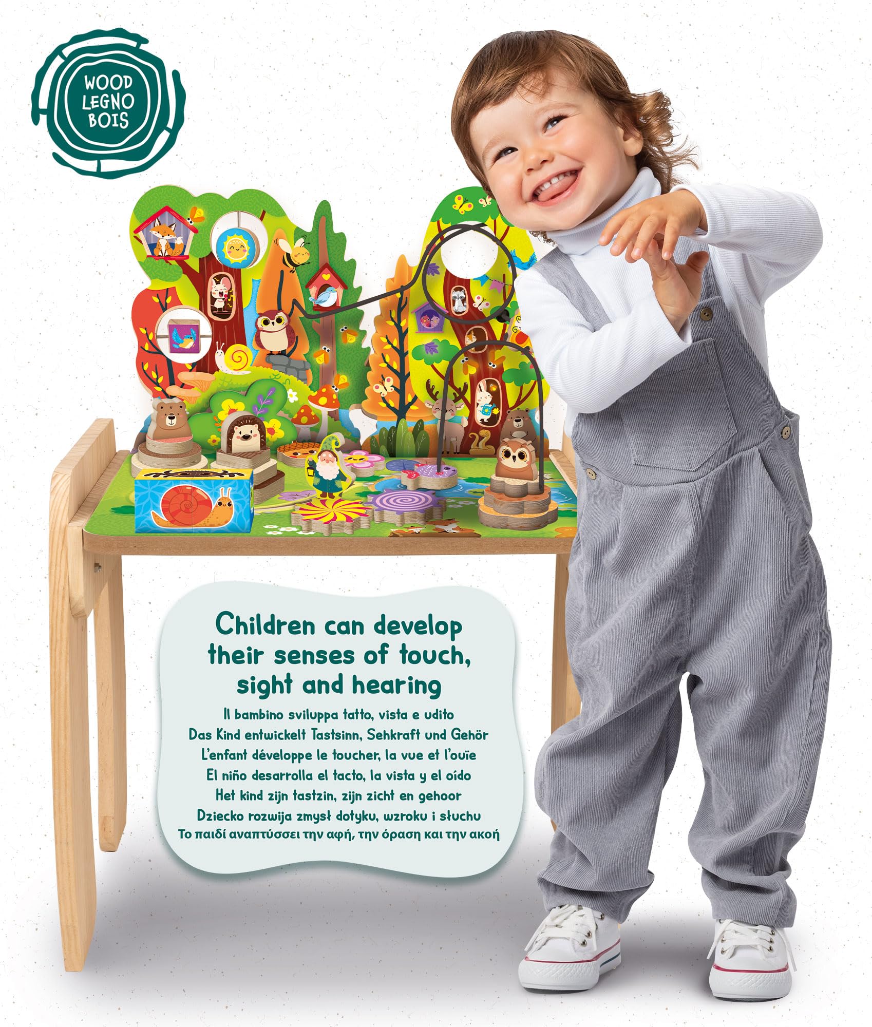 Lisciani - Montessori Mesa de Actividades evolutiva de Madera para niños de 1 a 4 años - Juego Educativo con Laberinto, Engranajes, Formas empotradas - Altura Regulable - Estimulación sensorial