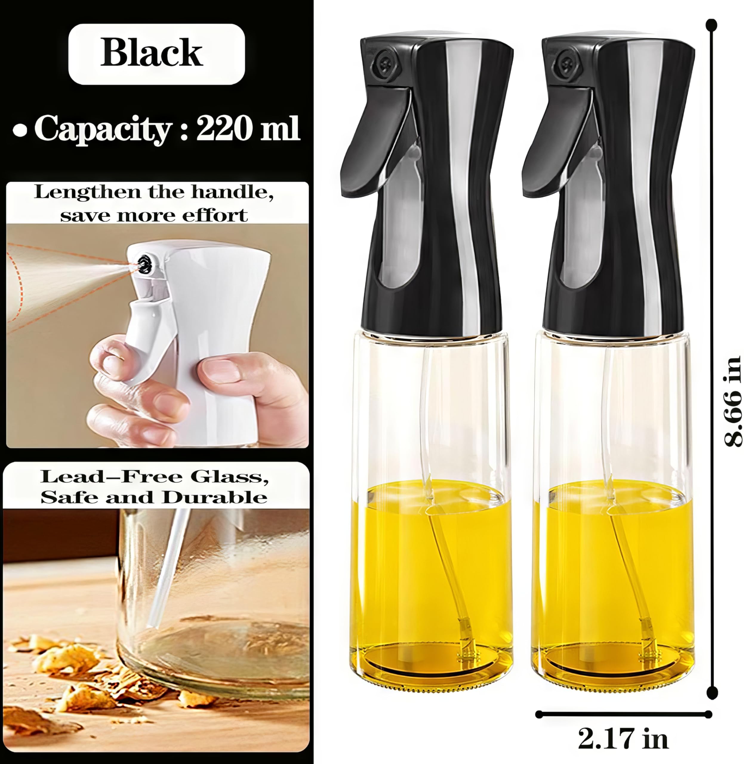 Cam Yağ Sprey Şişesi 200ml – Manuel Basınçlı Zeytinyağı Püskürtücü, Gıda Uyumlu Yağ Şişesi, Airfryer, Salata ve Fırın Yemekleri için Mutfak Spreyi, Çok Amaçlı Sprey Şişesi, EVINTO (Siyah)