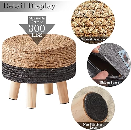 Miniatura 10 de Cpintltr Taburete de pie natural de hierba marina tejida a mano, otomana redonda para sofá, escritorio, taburete suave acolchado con patas de pino