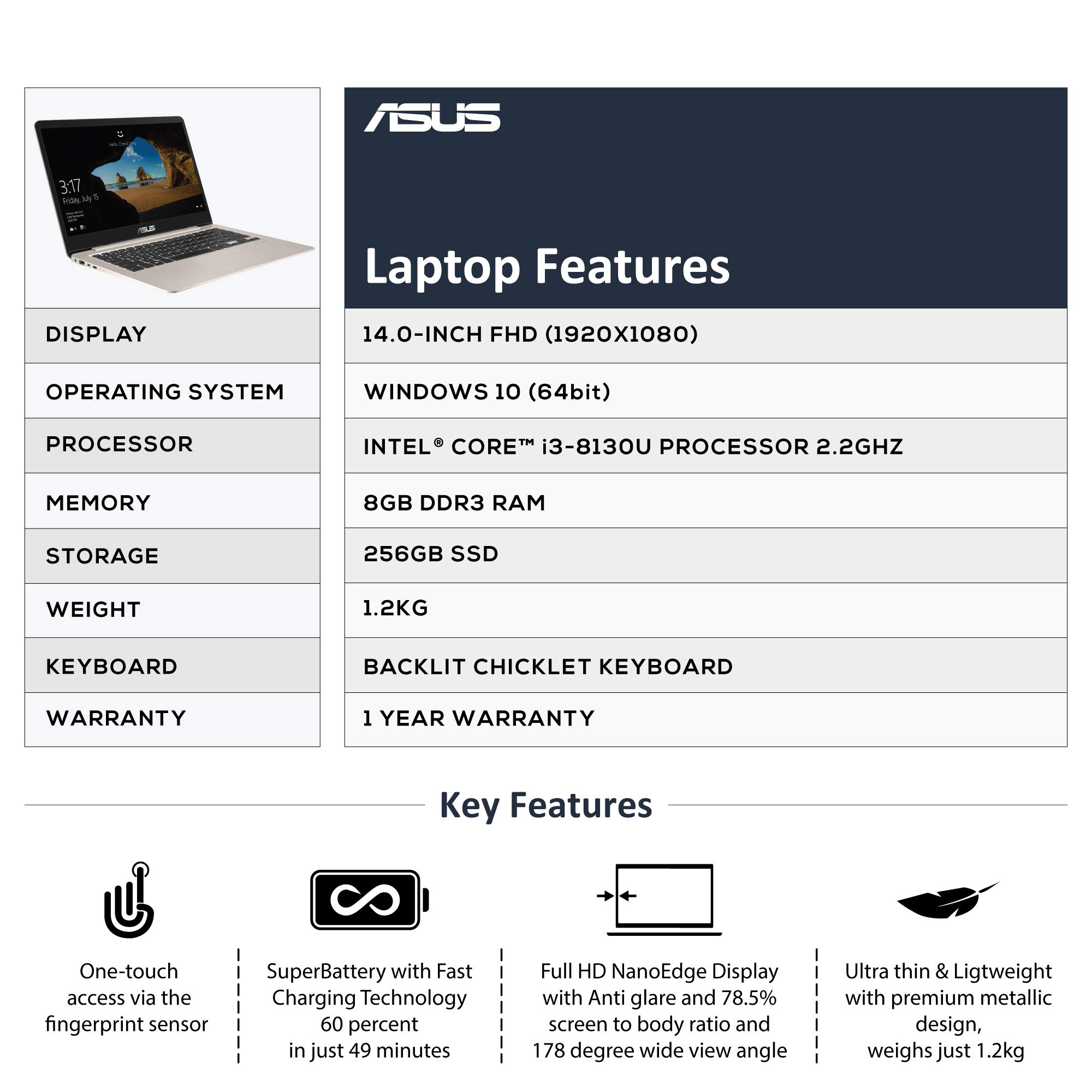 ASUS VivoBook S14 (Core i3-8th Gen/8 GB/ 256GB SSD / 14.0