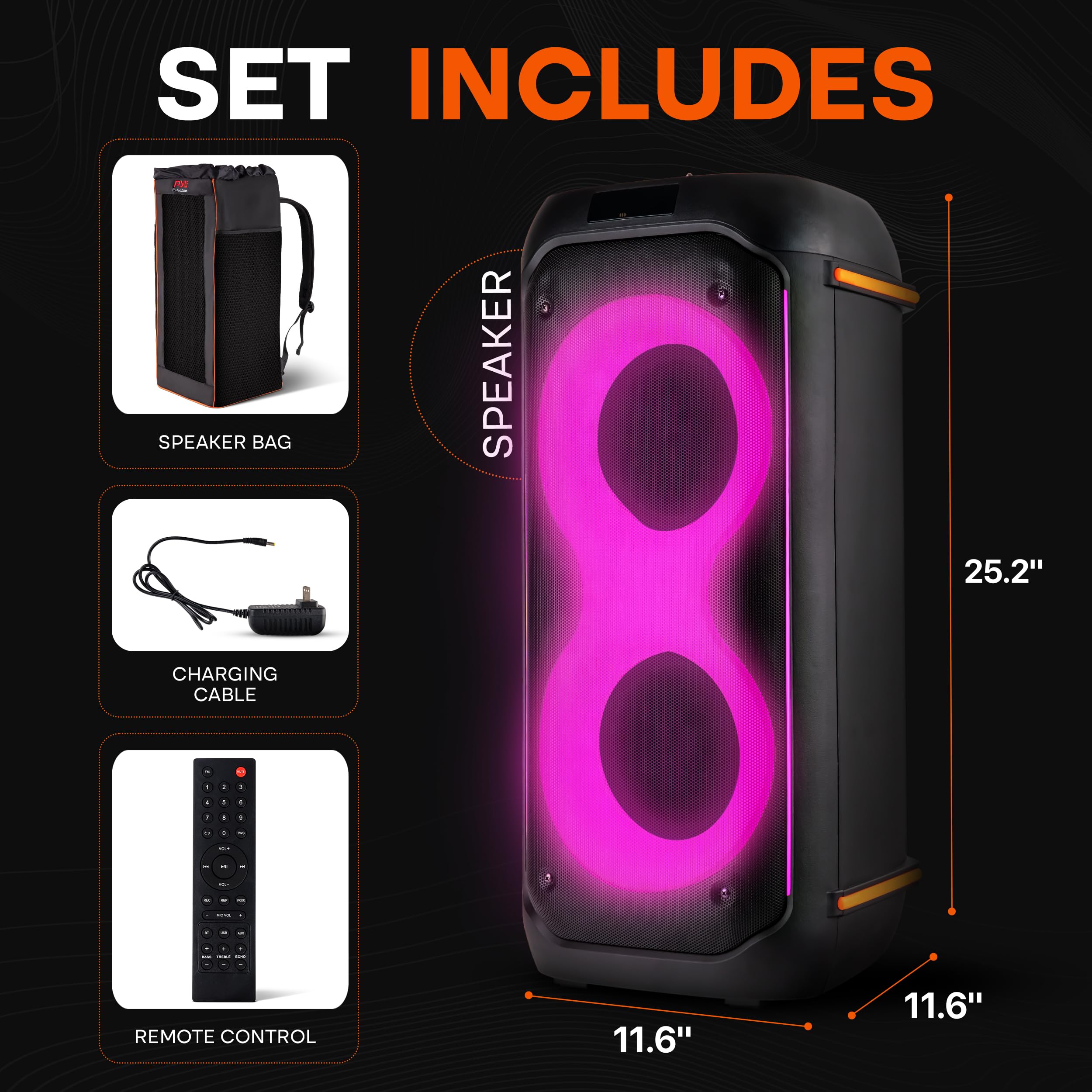 Pyle Bluetooth-Party-Lautsprecher 160W, Karaoke-System mit 2X 6,5", Mikrofon, Akku, USB/SD/FM/TWS, Partylichter & Tasche, 30x30x67 cm