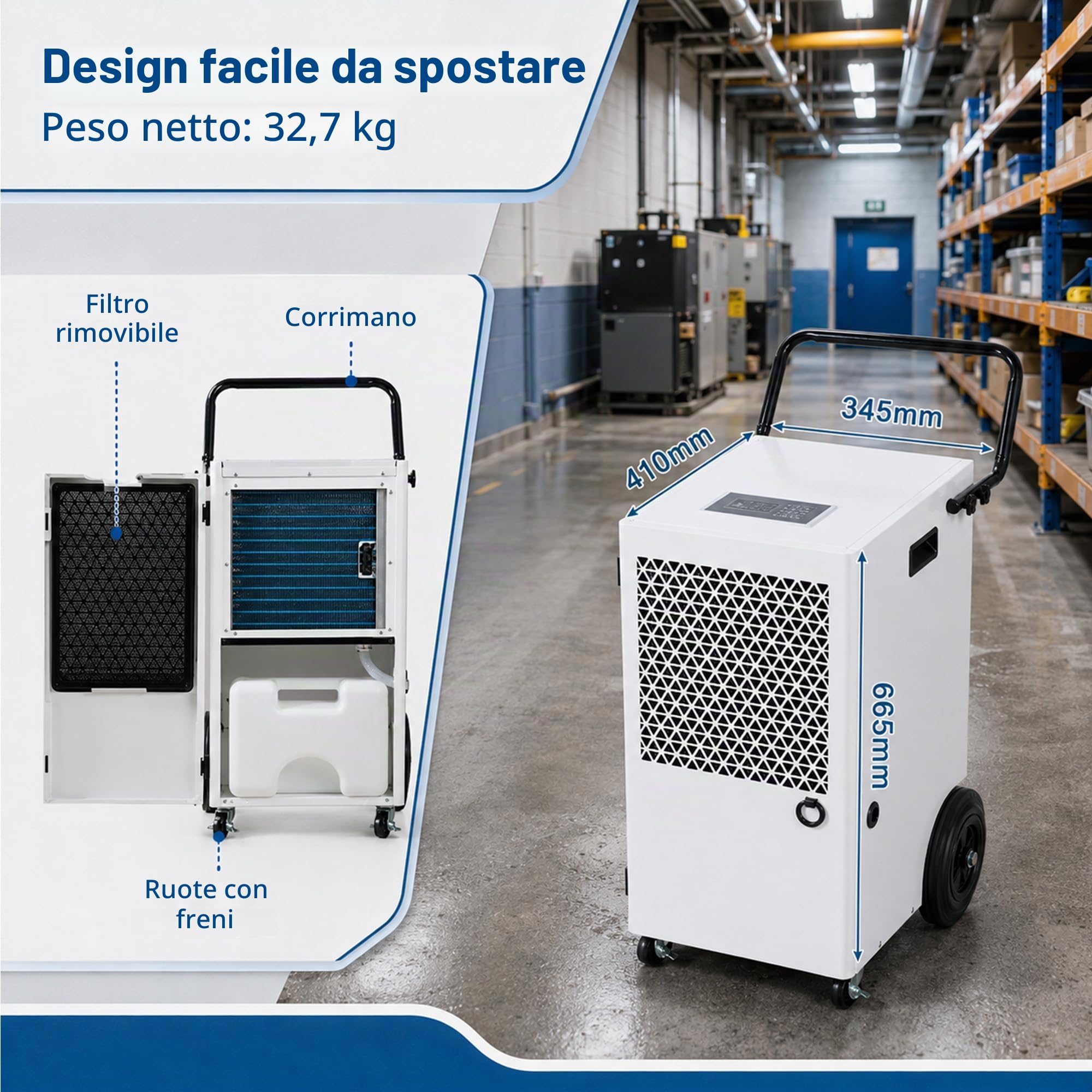 Deumidificatore Professionale Commerciale 120L: Deumidificatore Professionale Scarico Continuo Tubo 2m R290 Compressore 300m²/600m³ per Magazzino Garage Officina Cantina Lavanderia Deposito