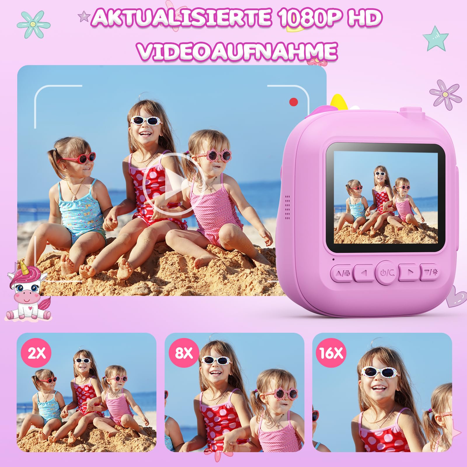 CAMCLID Kinderkamera Sofortbildkamera 2,4 Zoll 1080P HD Digitalkamera mit 32G TF Karte und Fotopapier Lila