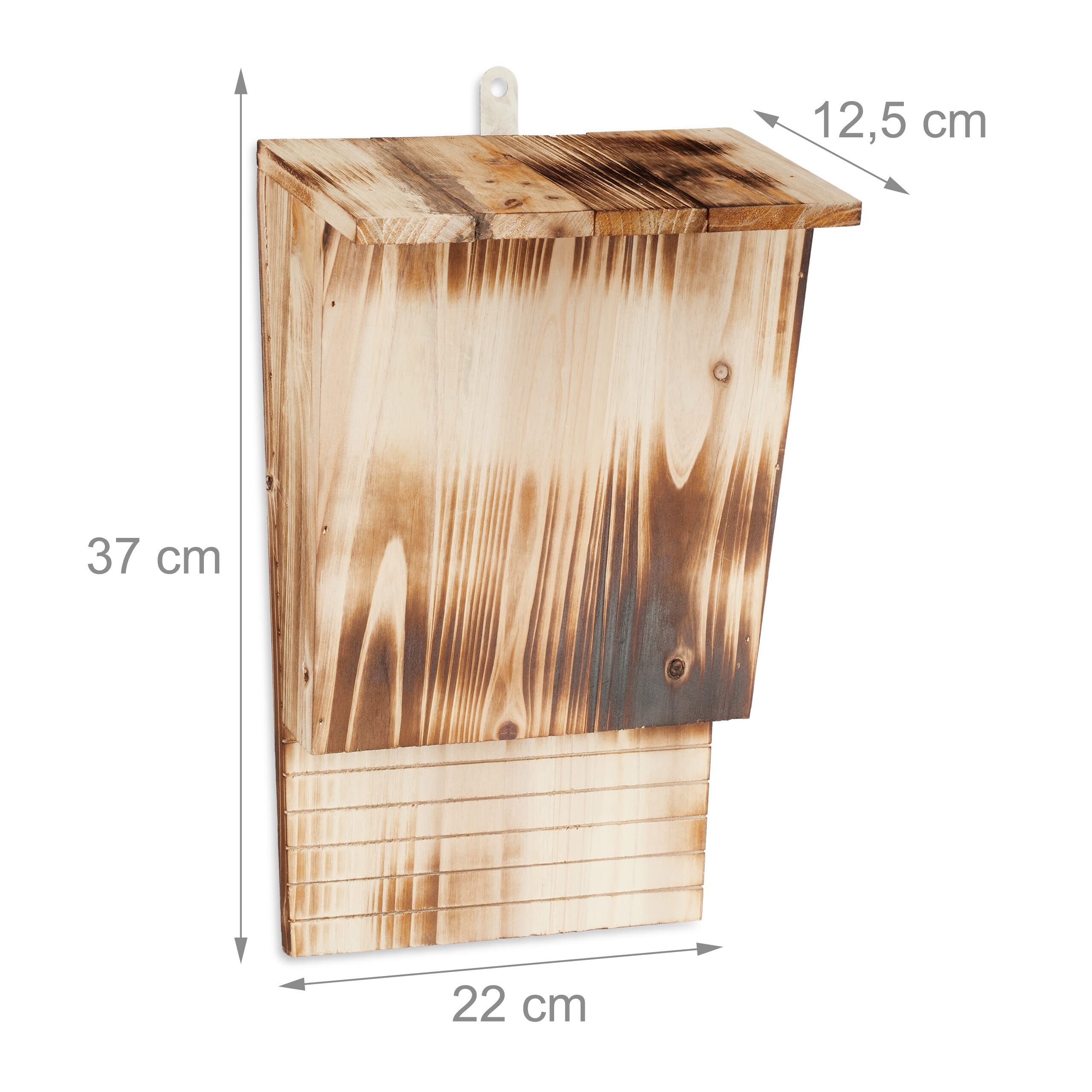 Relaxdays Casa para Murciélagos, Refugio Grande, Madera Quemada, 37 x 22 x 12,5 cm, Entrada Estrecha, Inclinada, Natural