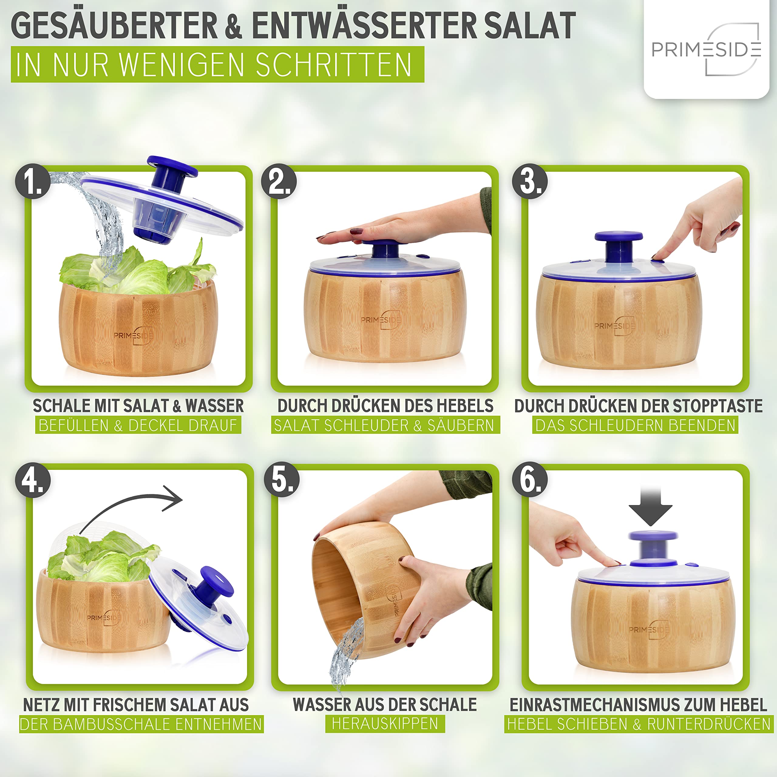 Primeside Salatschleuder aus Bambus, 2in1 Salatschleuder mit Deckel +  Bambus Salatschssel, Beschichtete Bambus Salatschleuder mit Abperleffekt,  Fassungsvermgen 3l : Amazon.de: Kche, Haushalt & Wohnen