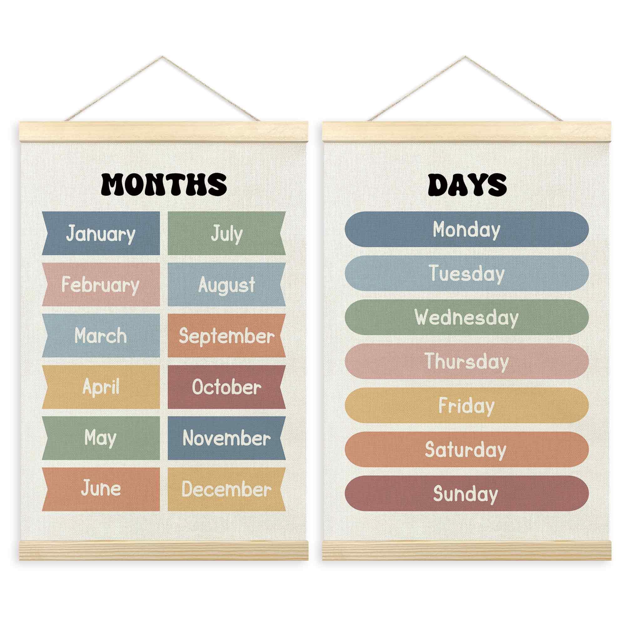 TLESKE Months of the Year Days of the Week Chart Poster Hanger Frame for Toddler Kid Classroom Set of 2, Homeschool Hanging Wall Art for Nursery