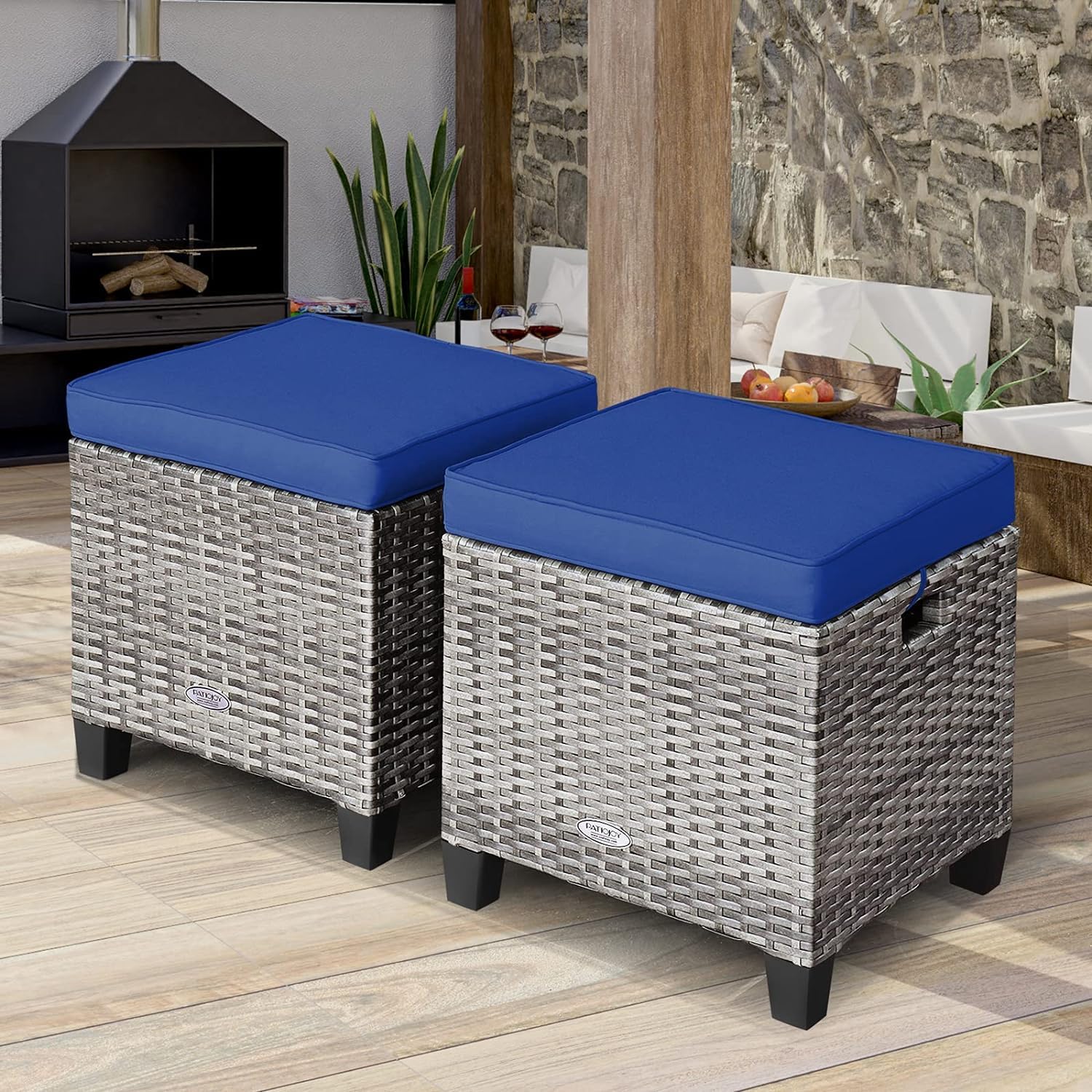 RELAX4LIFE 2-Piece Patio Rattan Ottomans - Outdoor Wicker Furniture w/ 2 Footrest Stools, Comfortable Cushions & Steel Metal Frame, All-Weather Patio Set for Backyard,Garden (Navy Blue)