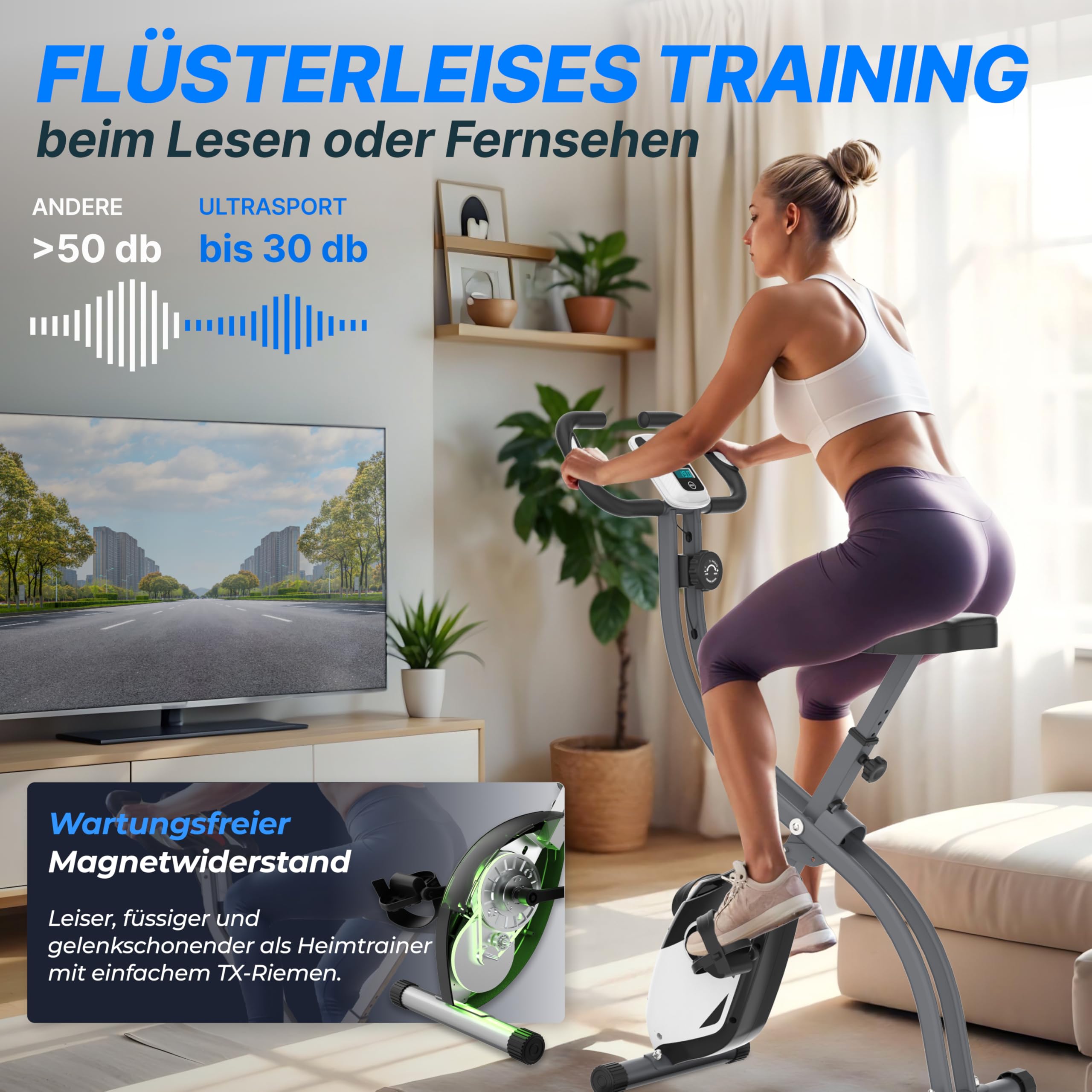 Ultrasport F-Bike 150, Fahrradtrainer, Fitnessbike, LCD Trainingscomputer, faltbarer Heimtrainer, Herzfrequenzmessung, 8 Widerstandsstufen, max utzergewicht 110 kg, Höhenverstellbarer, Silber/Schwarz