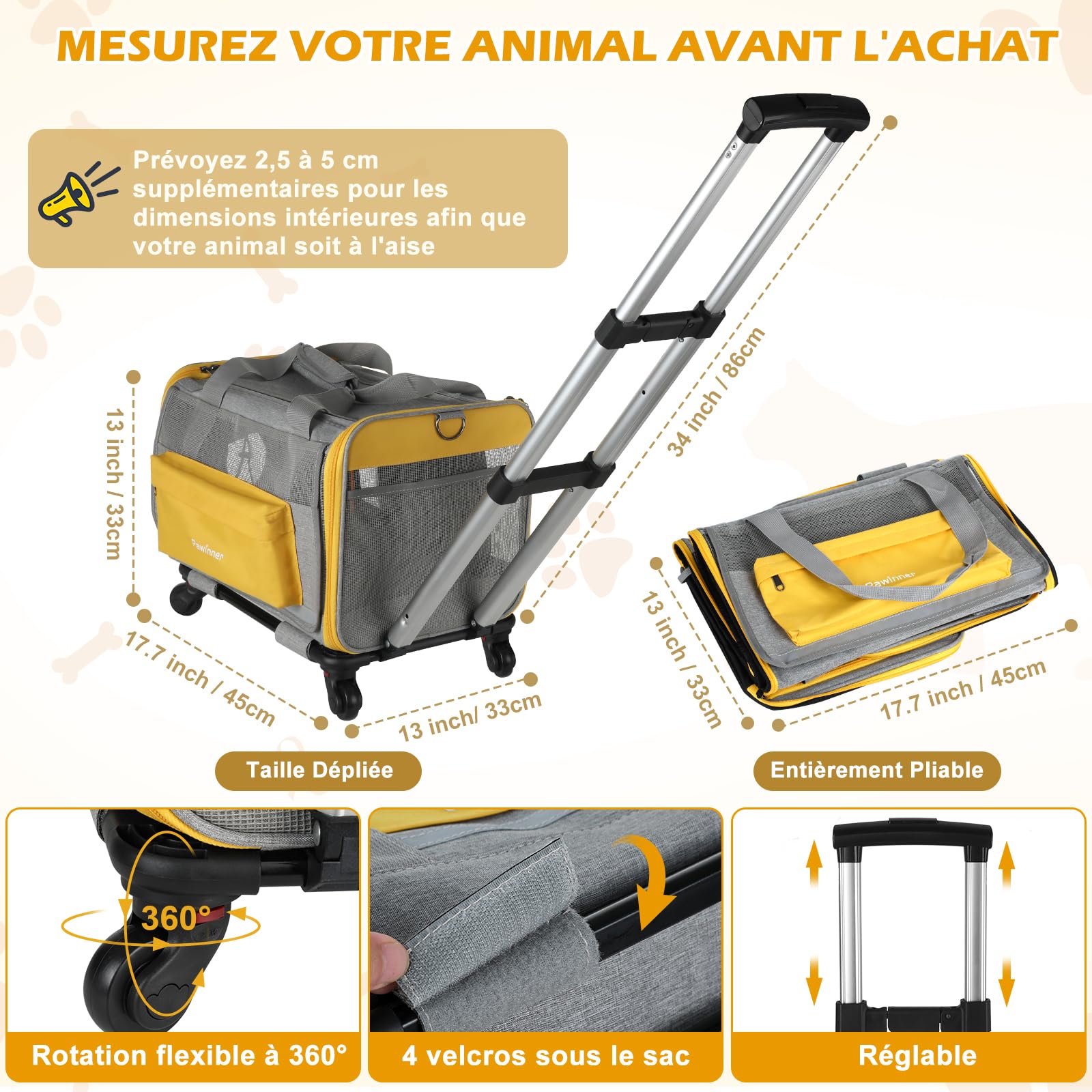 Sac de Transport pour Chat avec Poignée Télescopique - Caisse de Voyage 3-en-1 Pliable pour Petit/Moyen Chien et Chat, Approuvée Avion, roulettes et Toit Ouvrant (Gris)