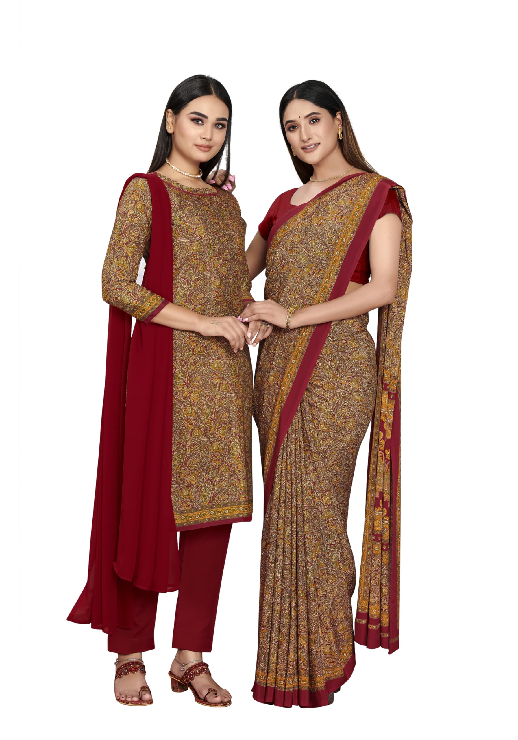 Women's Crepe Silk Printed Uniform Unstitched Salwar Suit and Saree with Unstitched Blouse Piece | Crepe Silk Sarees for Women | Combo Pack of 2-image-4