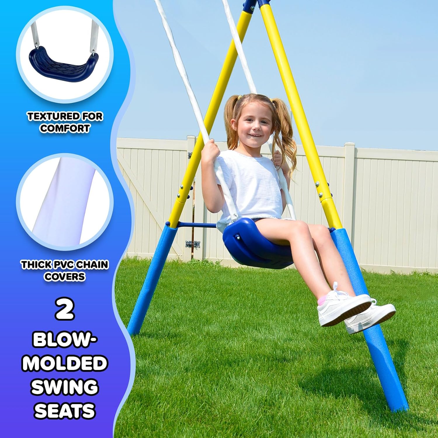 Close-up of two blow-molded swing seats with thick PVC chain covers for comfort and safety.