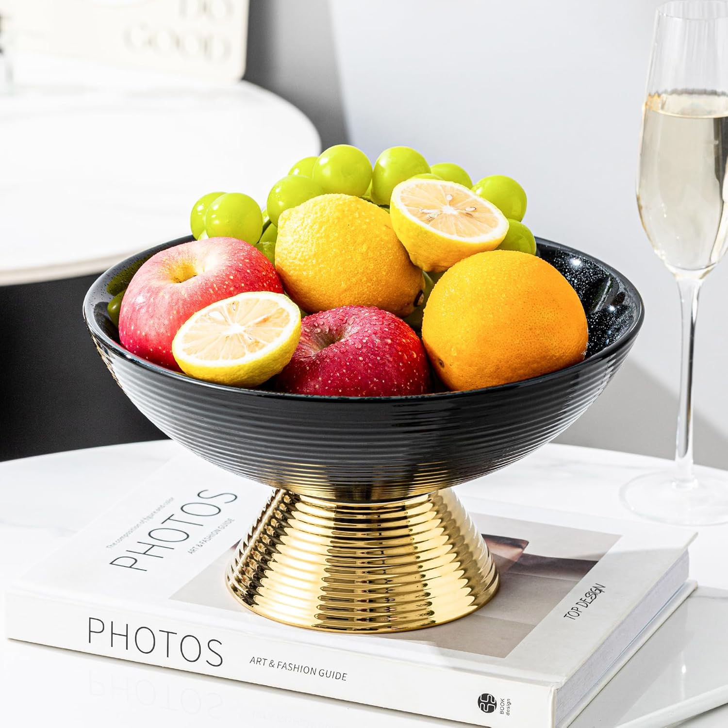 Ceramic Fruit Bowl,10-Inch Large Decorative Bowls,Pedestal Tray with Gold Base for Kitchen Counter, Bread and Fruit Trays,Salad or Dessert Display Trays for Parties. (Black)