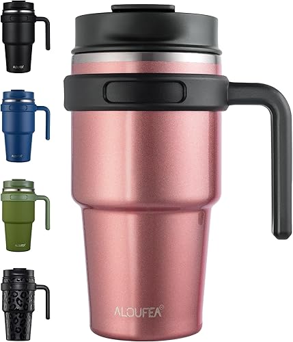 ALOUFEA Taza de café aislada de 20 onzas con asa, vaso de viaje de acero inoxidable con tapa y popote, taza térmica de doble pared al vacío a prueba