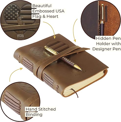 Miniatura 10 de Diario encuadernado de cuero para hombres y mujeres, juego de regalo patriótico hecho a mano con bandera de Estados Unidos y diario en relieve de