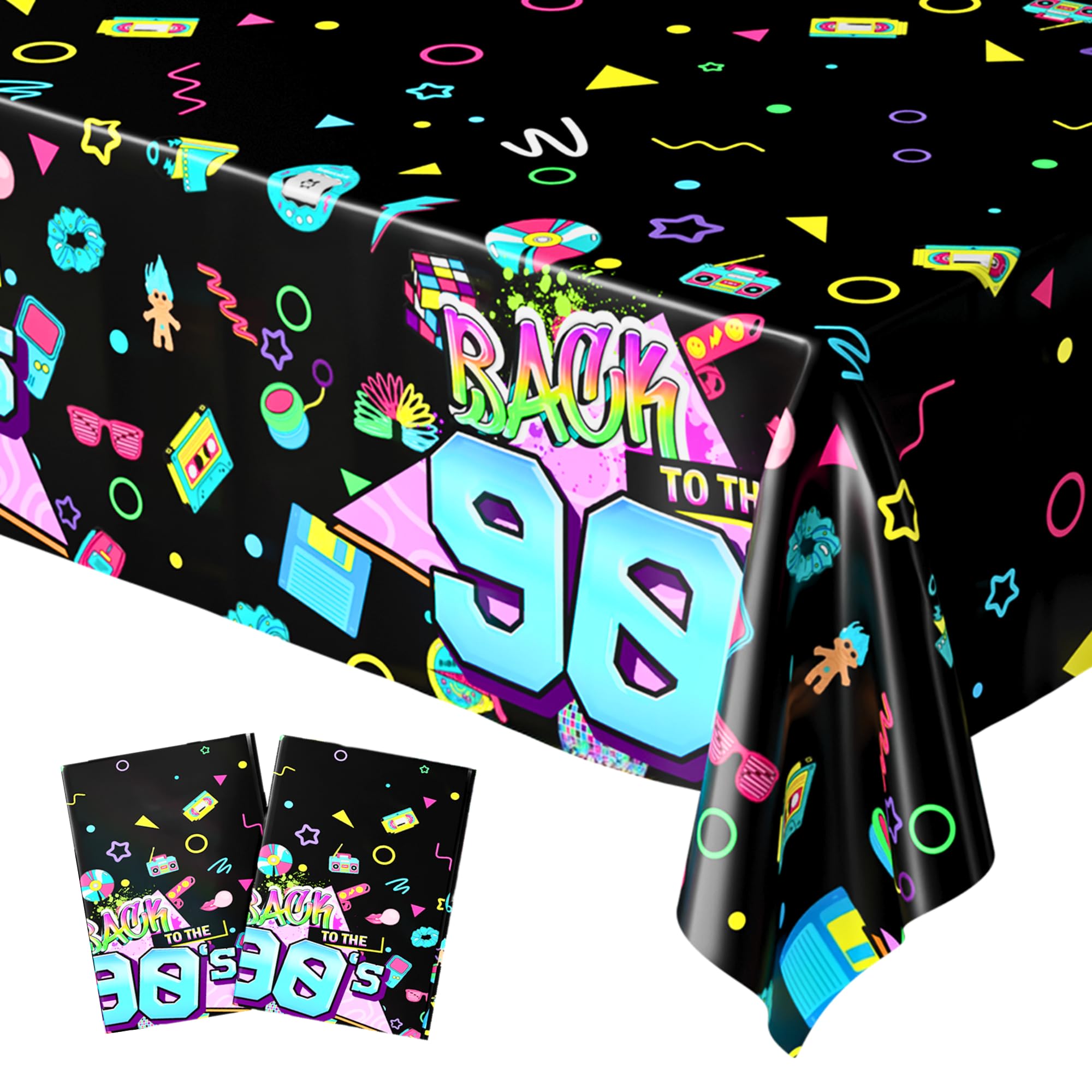 Blue Orchards 90s Table Covers (Pack of 2) – 54x108 Inch XL - Retro Theme Plastic Tablecloth, Back to the 1990s Rave Party Decoration, Past Hip Hop Throwback Birthday Decor, Adults Backdrop Decor